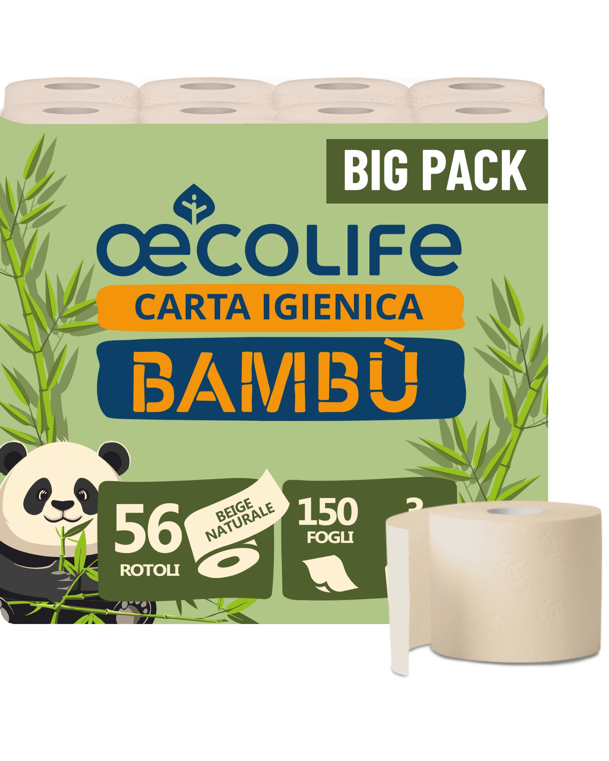 œcolife Carta igienica in bambù, 3 strati, 56 x 150 fogli per rotolo, super morbida, vegana, carta igienica sostenibile, confezione da 60% PCR (56 rotoli)
