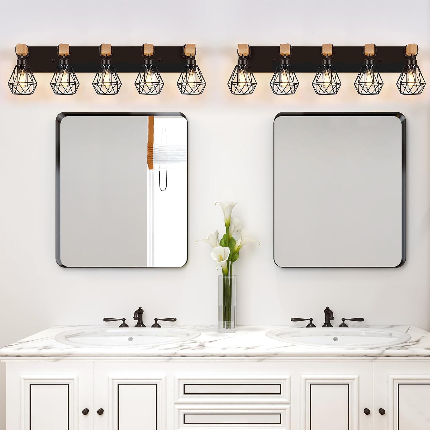 FadimiKoo 5-Light Farmhouse Wood Wall Sconces Lighting, Black Vanity Lights Over Mirror with Metal Cage Lampshade, Rustic Bathroom Wall Mounted Lamp for Mirror, Living Room, Bedroom, Hallway
