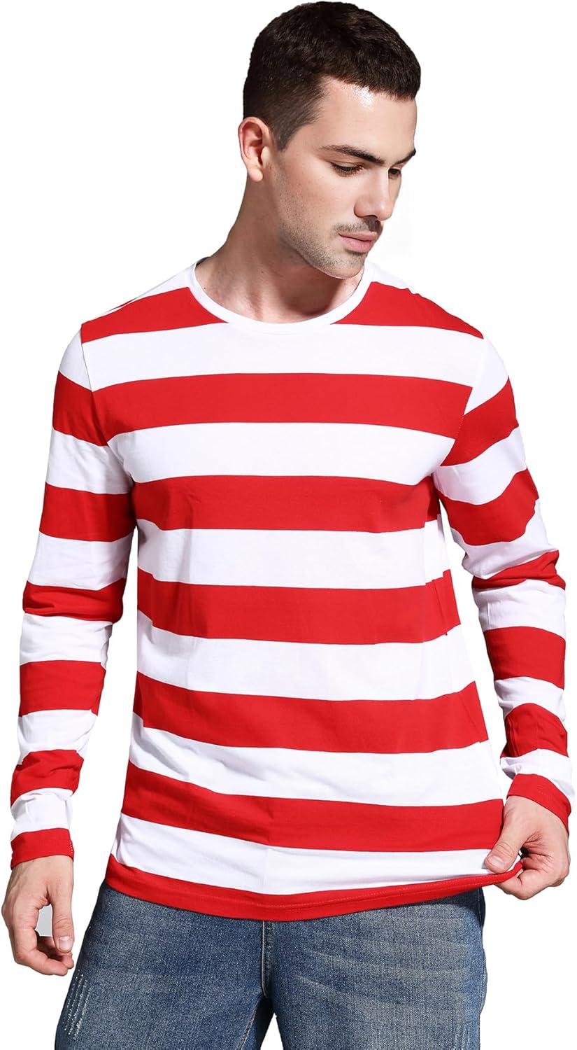 Mens Striped Shirt Wide Stripes Long Sleeve Crew Neck Tees Tops Casual - Image 2