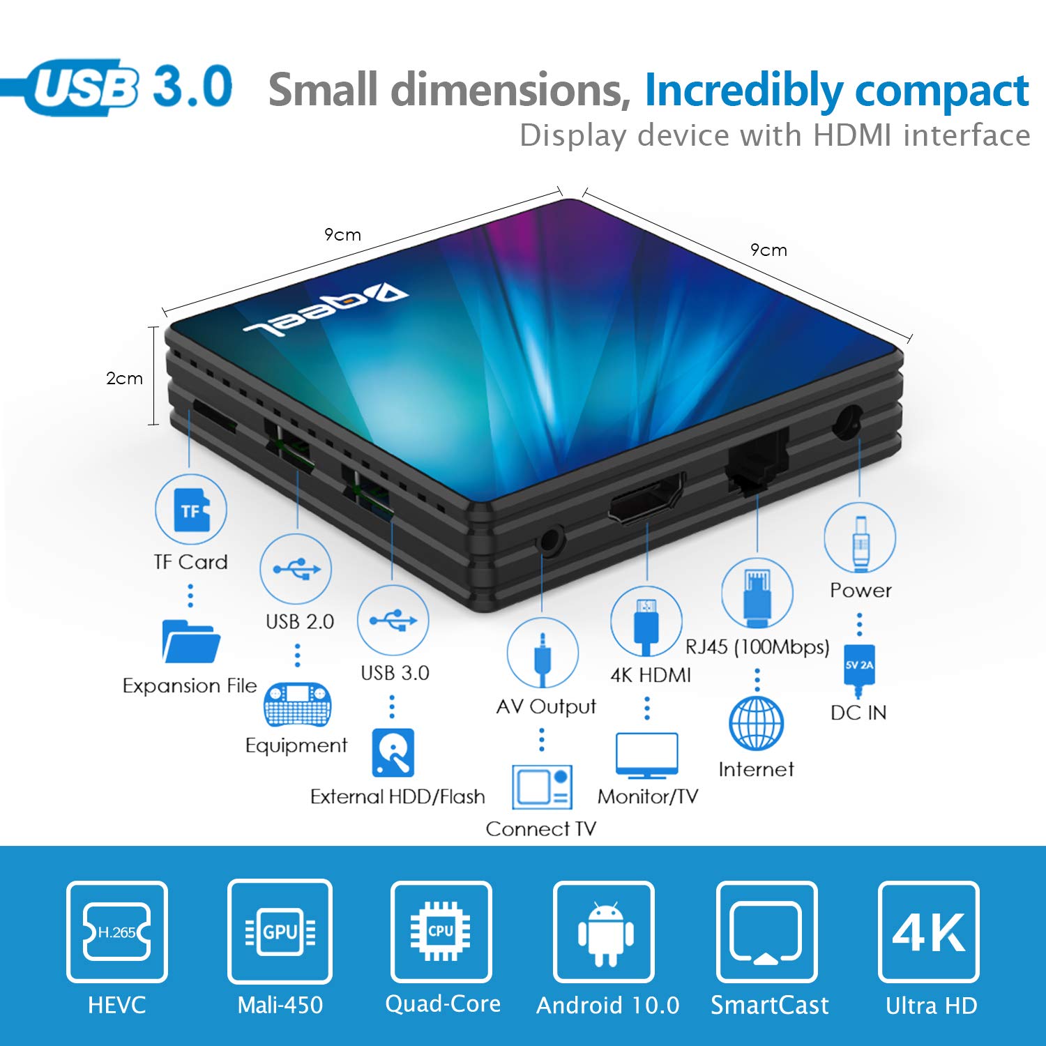 Bqeel R1 Plus Android TV Box 4G+64G, RK3318 Quad-Core 64bit Cortex-A53, Bluetooth 4.0, USB 3.0, LAN100M, Wi-Fi 2.4G/5G, 4K
