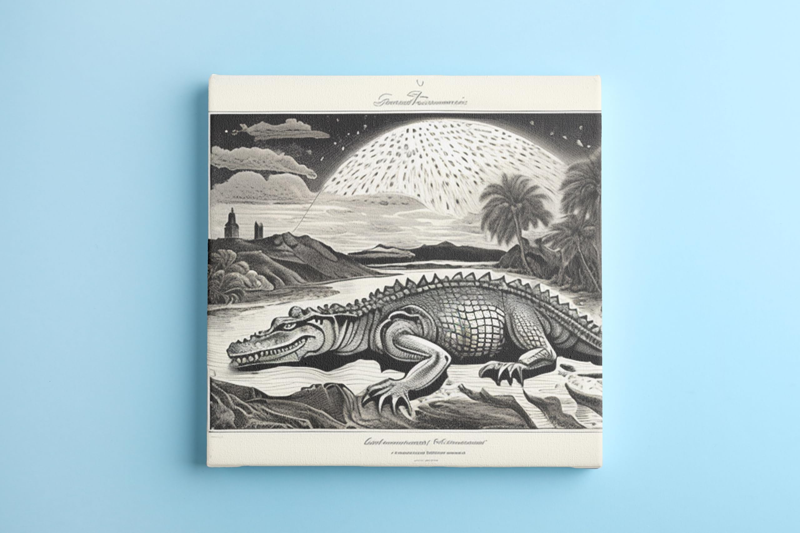 KREATIONSMystik Crocodile Meeting Flammarion Engraving - Unique Canvas Wall Print 40 x 40 cm