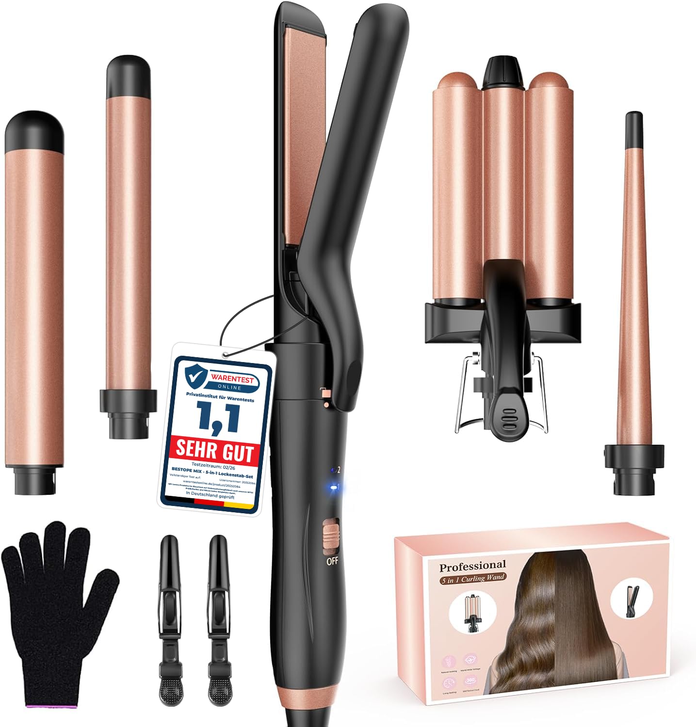 BESTOPE MIX Boucleur a Cheveux, Fer à Boucler 3 Tete avec un Lisseur Cheveux antistatique en céramique pour cheveux avec température réglable Réchauffement rapide Fer à Friser Rose Gold 5 en 1