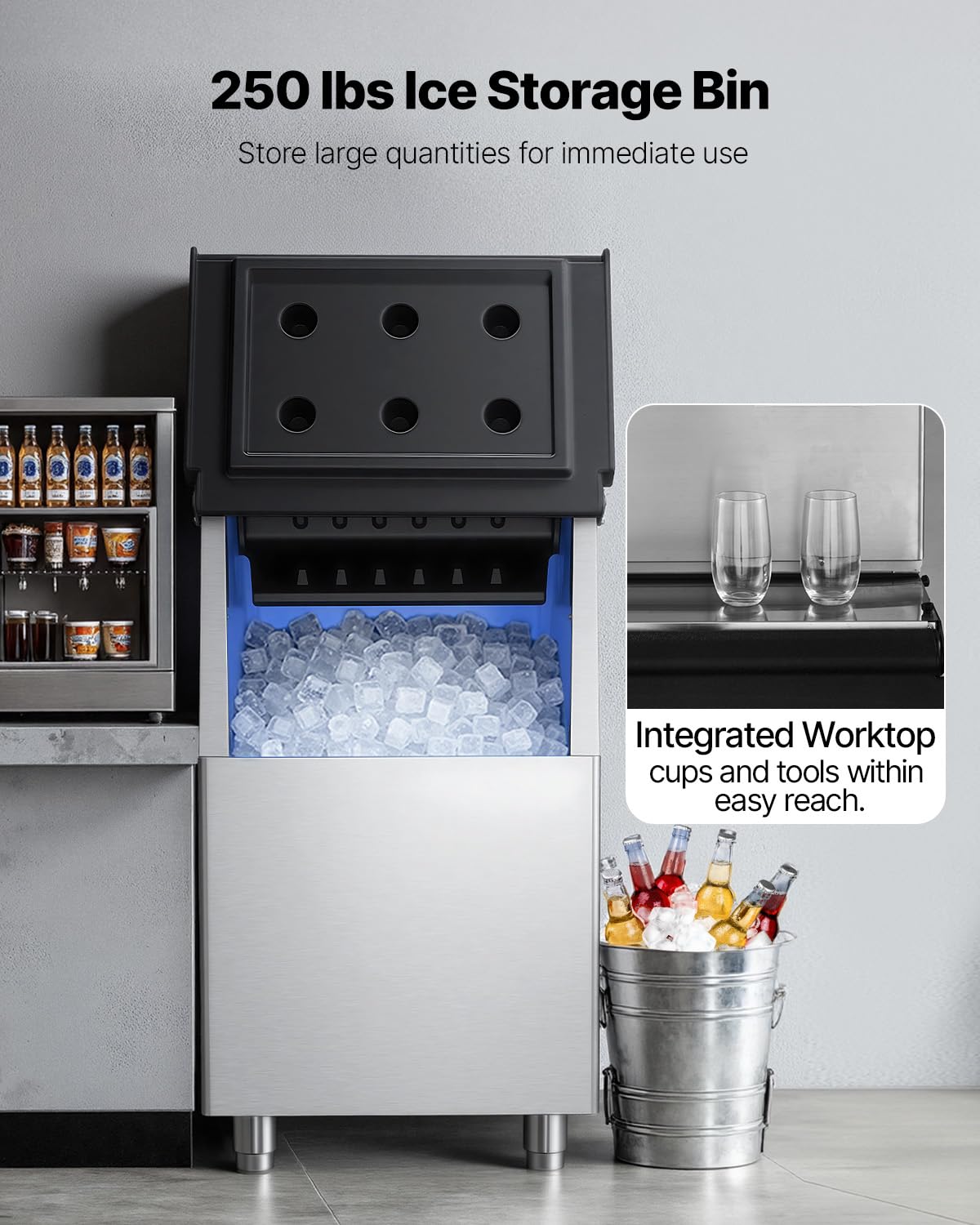 VEVOR Contenitore per Ghiaccio Capacità max. di Ghiaccio max. 113 kg per Bevande Fredde, Contenitore di Ghiaccio Corpo in Acciaio Inox Piedini in Gomma Regolabili Antiscivolo per Ristorante Hotel Bar