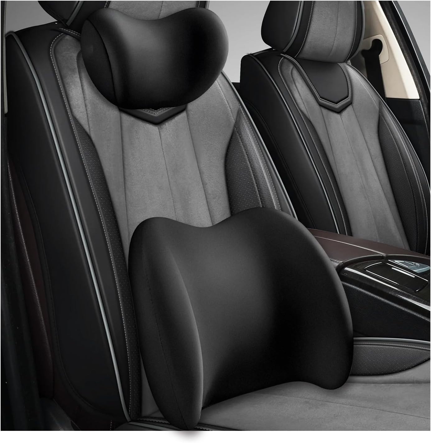 Car Headrest & Lumbar Support Cushion, Ergonomic Memory Foam Car Neck Back Support w/Removable Cover, Universal Breathable Lumbar Cushion Headrest Pillow with Adjusatble Strap (Black)