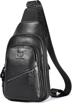 BULLCAPTAIN Leather Sling Bag for Men Crossbody Backpack with USB Charging Port Casual Daypack for Hiking Shoulder & Chest Bag Purse Black
