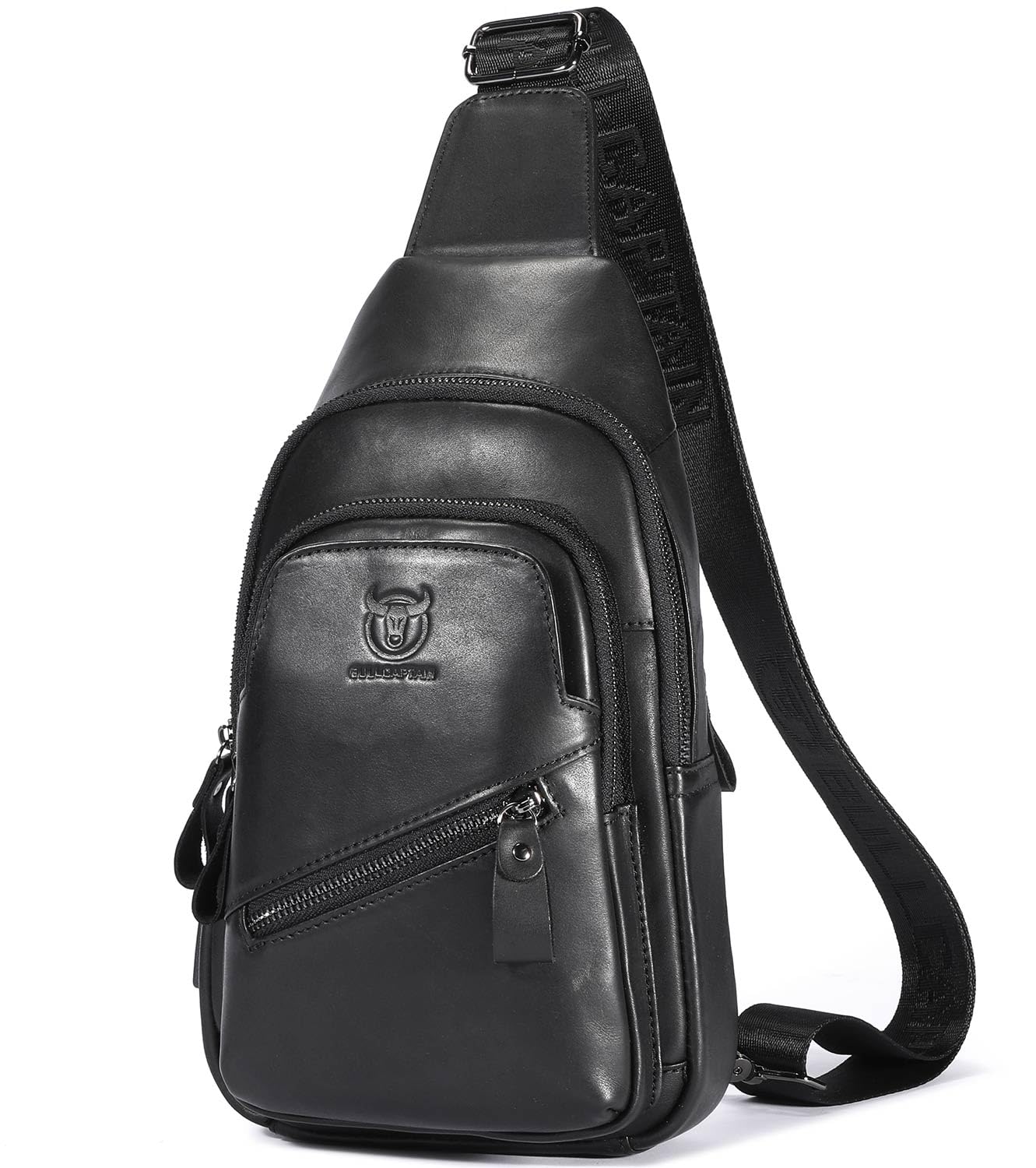BULLCAPTAINLeather Sling Bag for Men Crossbody Backpack with USB Charging Port Casual Daypack for Hiking Shoulder & Chest Bag Purse (Black)