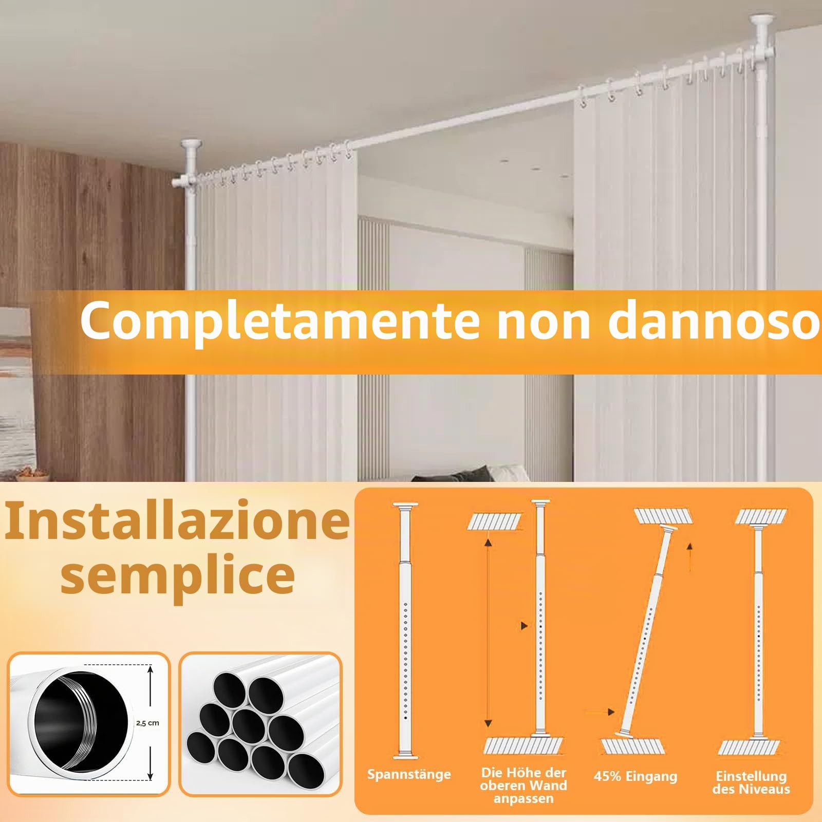 separè per interni, Regolabile asta per tende da pavimento, Separe Divisorio Interno, 122-305 cm * 71-180 cm, Bastoni per tende divisori senza tenda, per soggiorno e camera da letto- Bianco