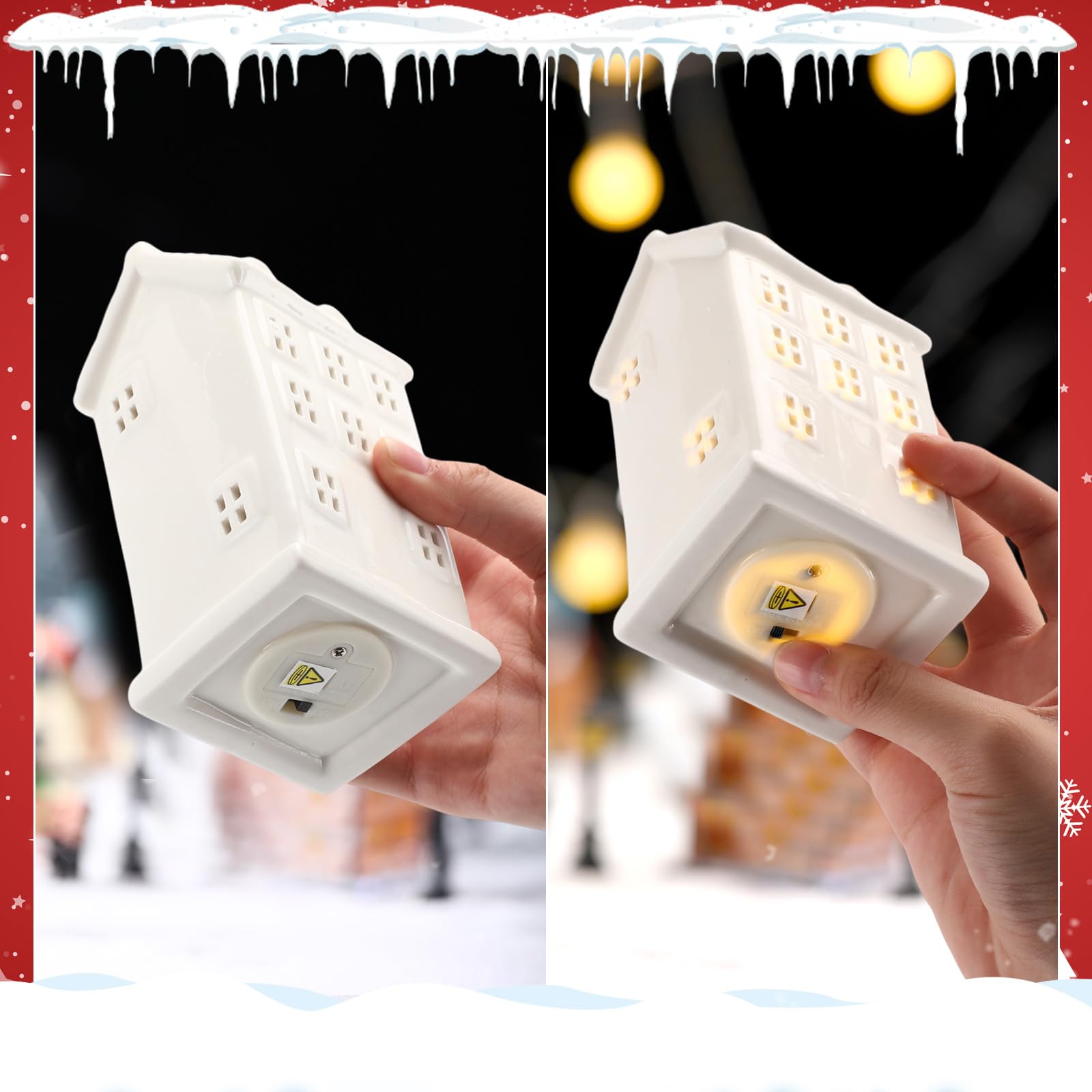 Soaoo Lot de 29 accessoires de village miniatures de Noël, lumières LED, en porcelaine, décoration de table, mini figurines de Noël assorties en pin, sapins de Noël, bonhommes de neige, Père Noël,