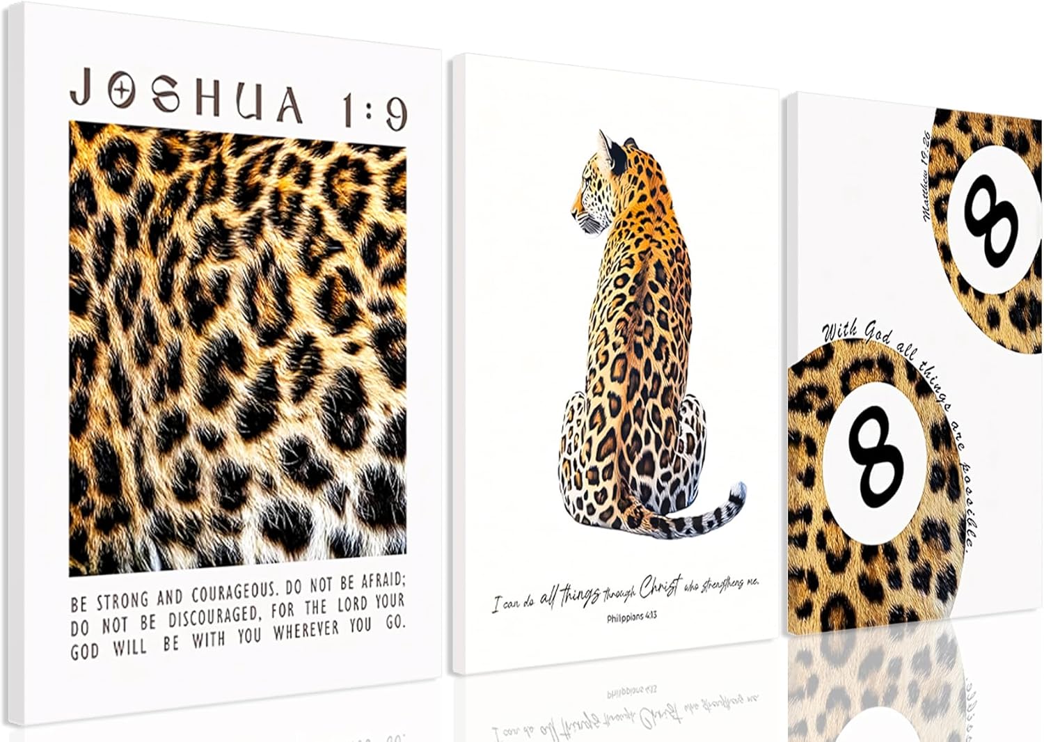 3Pcs Trendy Leopard Canvas Wall Art, Funky Inspirational Bible Quotes Lucky Bow Posters Prints Preppy Room Aesthetic Cheetah Wall Decor Pictures for Bedroom bathroom livingroom office16x24in Framed