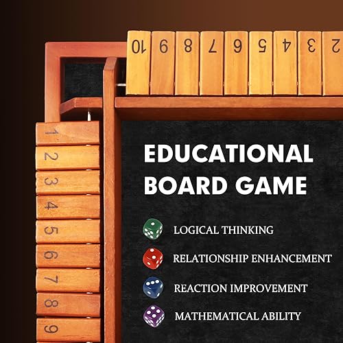 Miniatura 5 de TooyBing Juego de dados Shut The Box mejorado para 1-4 jugadores, mesa de madera para niños y adultos con 12 dados, juego clásico de matemáticas de