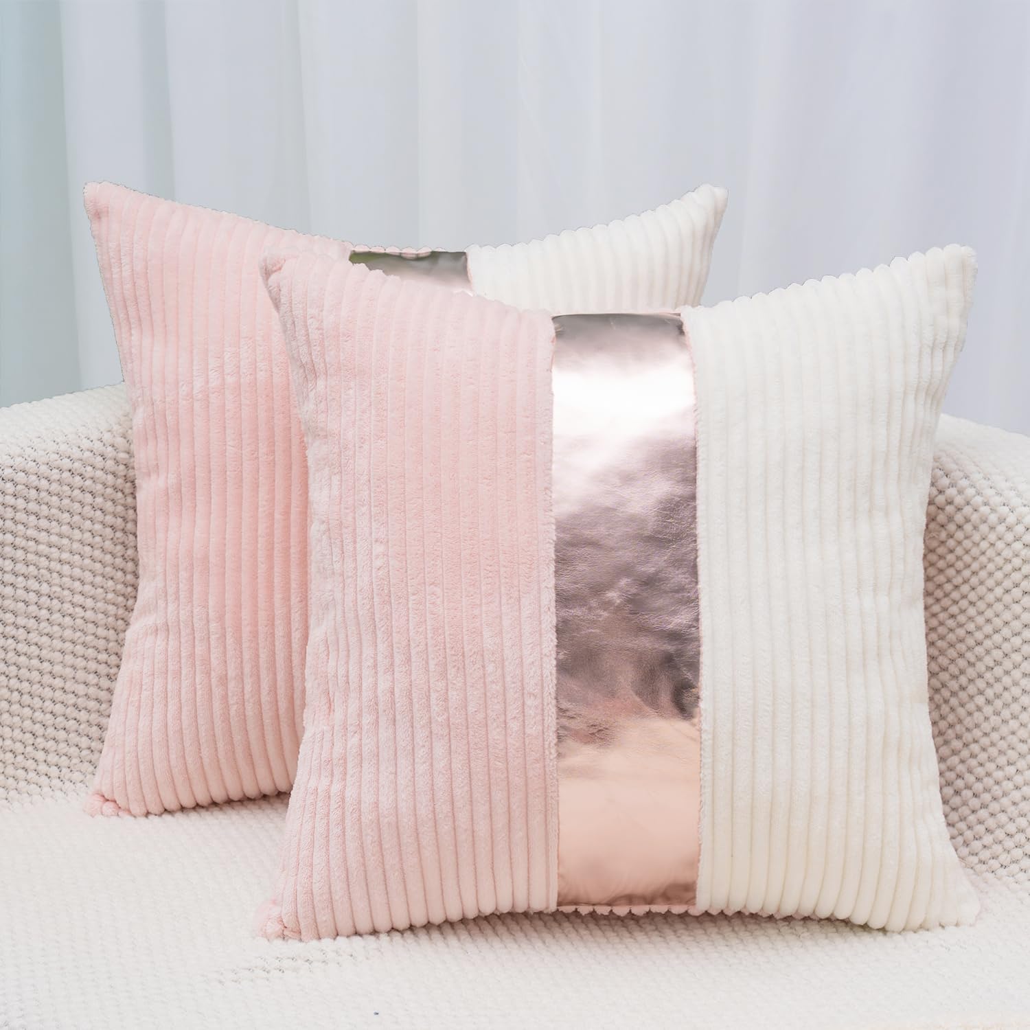 Pink and Cream White Boho Striped Corduroy Throw Pillow Covers with Gold Leather Patchwork 20x20 Inch, Pack of 2, Double-Sided, Soft Home Decorative Pillows for Couch and Living Room
