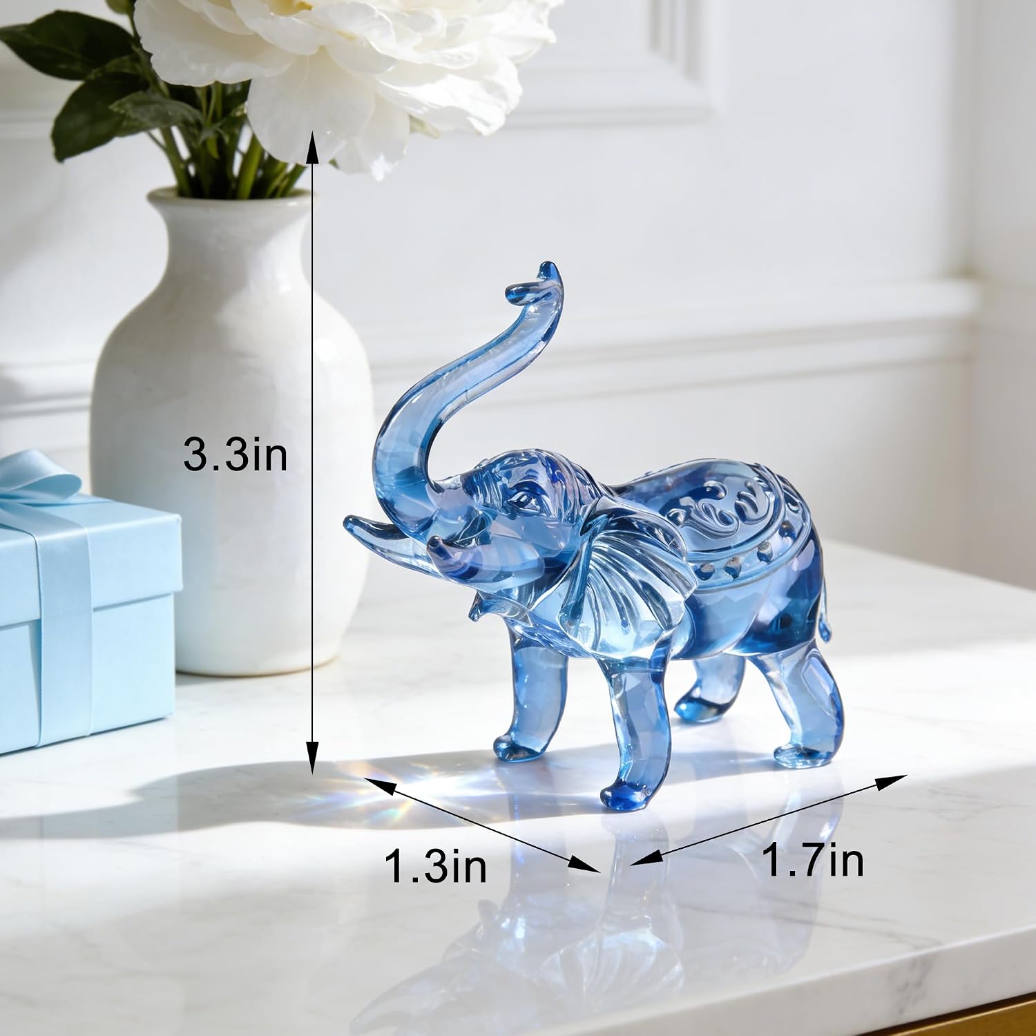 3.3" Handcrafted Glass Elephant Figurine with Trunk Up – Elephant Statue for Good Luck, Wealth, and Wisdom – Decorative Animal Collectible for Home, Office, and Shelf Decor (Blue) image 3
