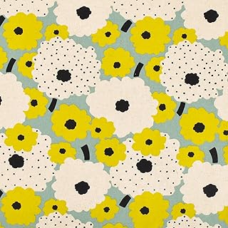 MYmama う早この布 キャンバス生地 マリーゴールド 北欧風 花柄 綿85% 麻15% 108cm幅 50cm単位販売 布 国産 小林 ファブリック 手芸用品 (グリーン地)