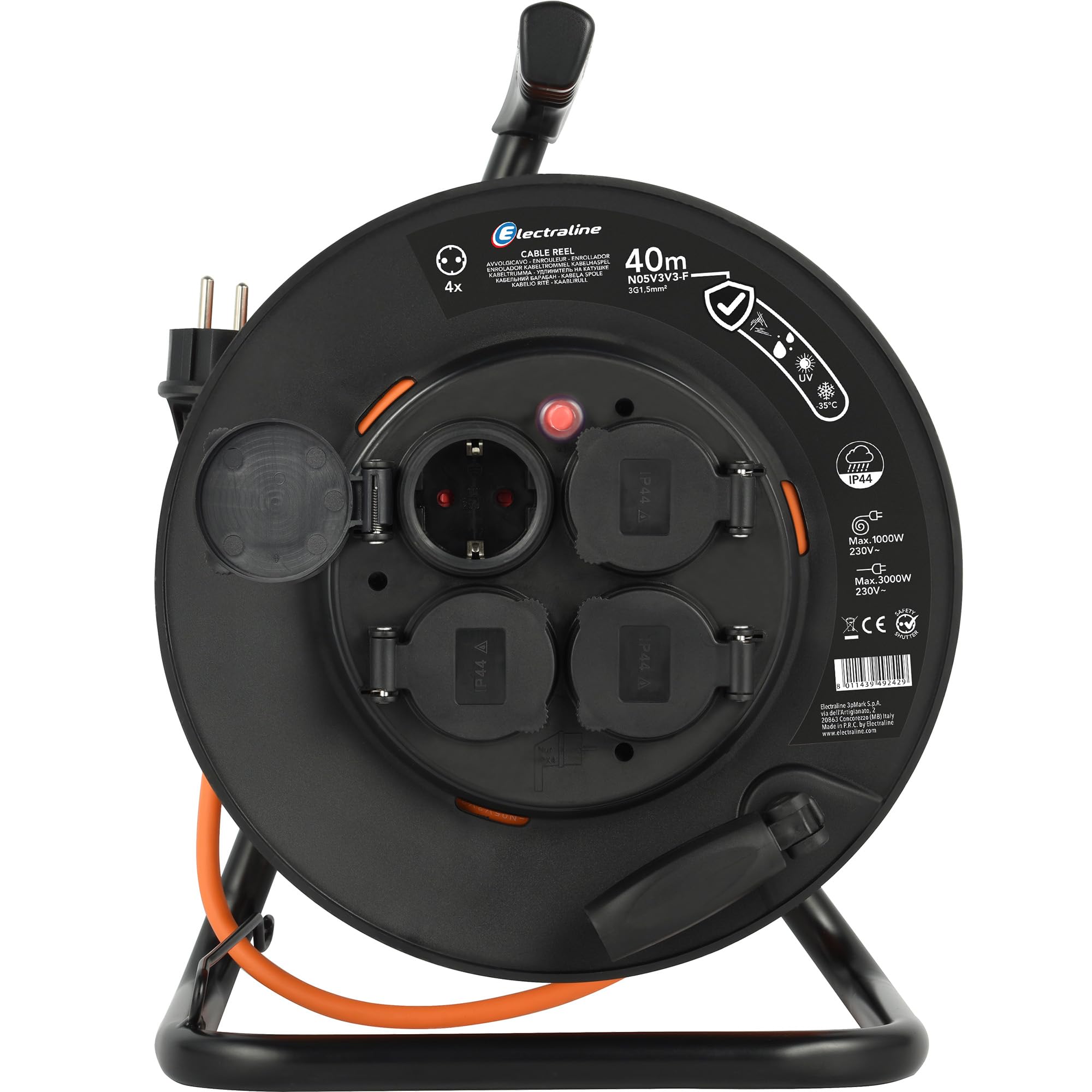 Electraline 49242 IP44 Enrouleur de câble, 40 m, câble d'extérieur spécial N05V3V3-F 3G1.5, utilisable jusqu'à -35 °C, résistant à l'huile et aux UV et en outre, extrêmement résistant à l'abrasion