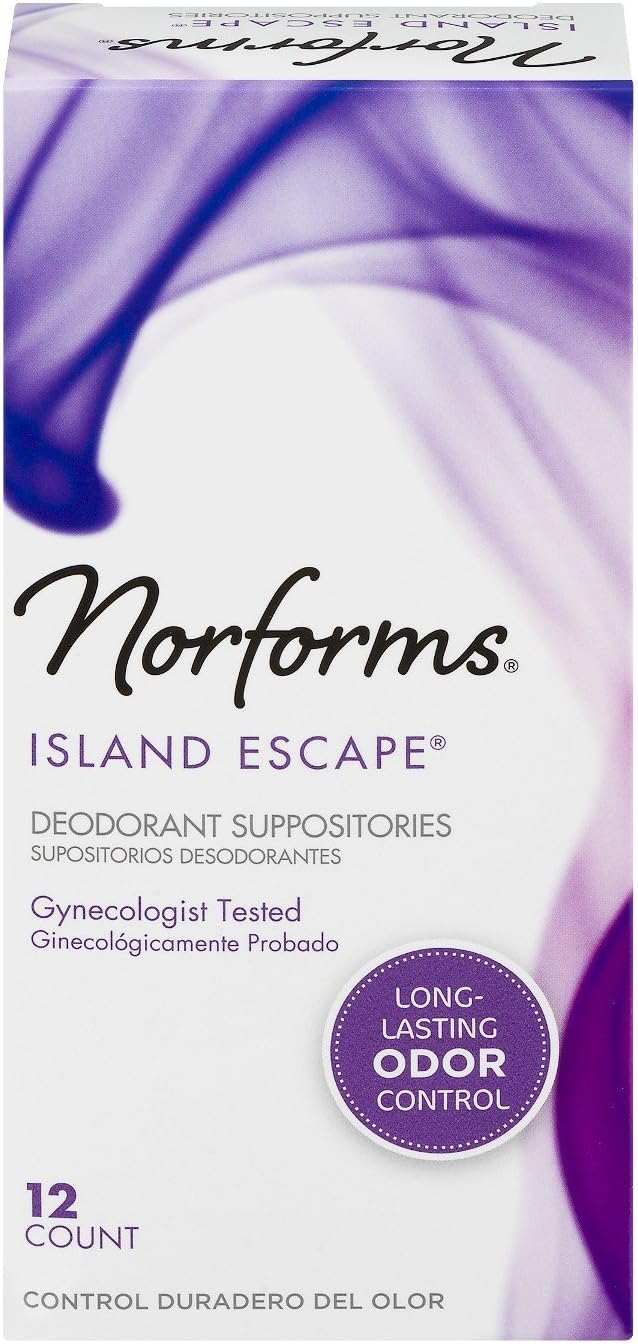 Norforms Deodorant Suppositories, Gynecologist Tested, Long-Lasting Odor Control, Individually Wrapped, Island Escape Scent, 12 Count in Each Box (Pack of 1)