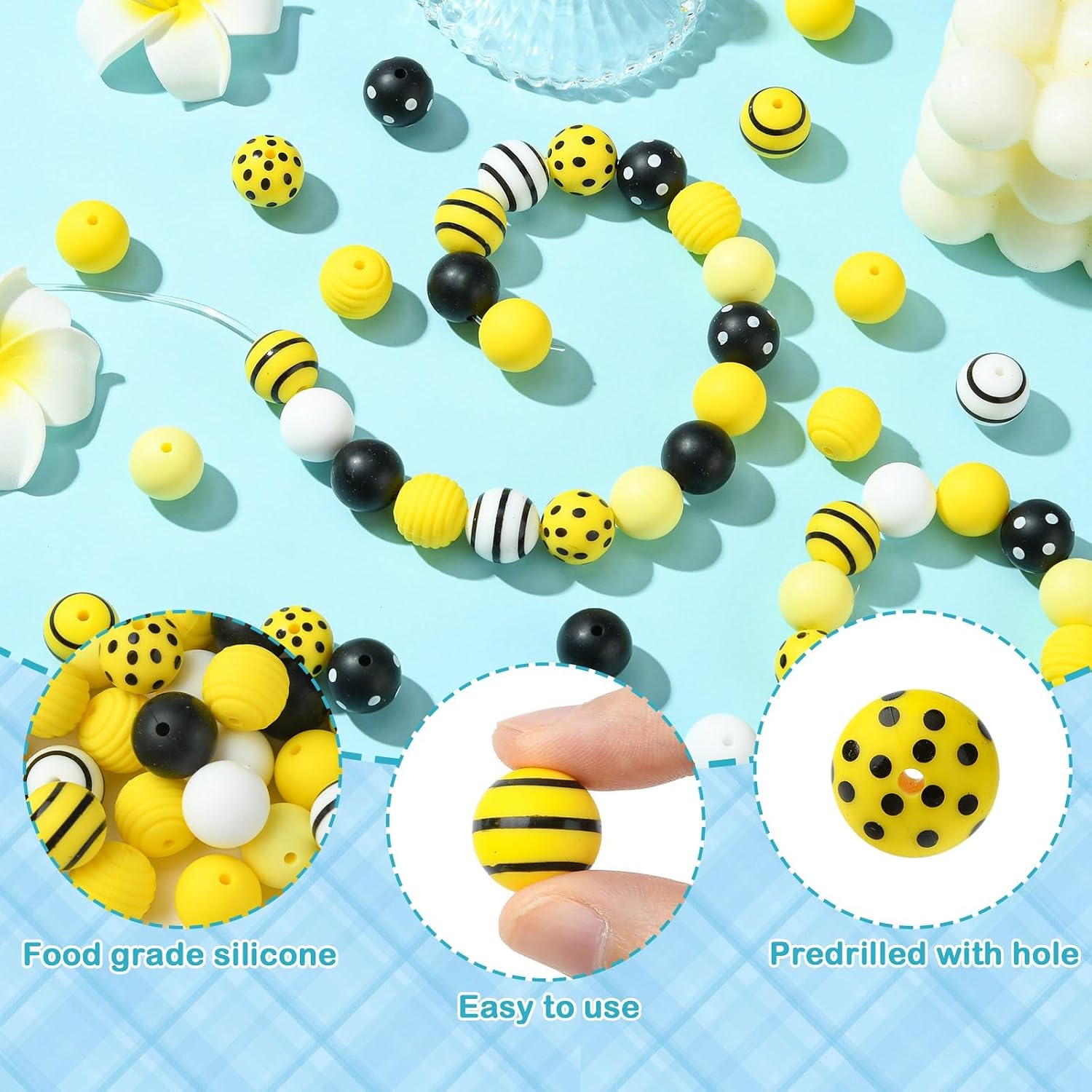 LiQunSweet 70 Pcs Silicone Beads Focal Silicone Yellow Beads Round Silicone Bead Animal Honey Bee Theme Beads Rubber Beads for Keychain Making for Pens for Lanyard Making