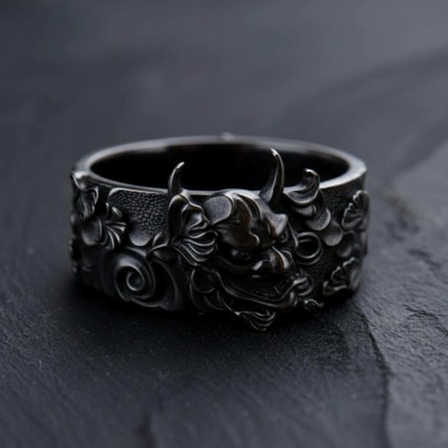 Handmade 925 Sterling Silver Hannya Mask Ring - Japanese Oni Demon Band, Oxidized Gothic Biker Jewelry, Custom Engraving & Gold Plating Available, Sizes 3-16