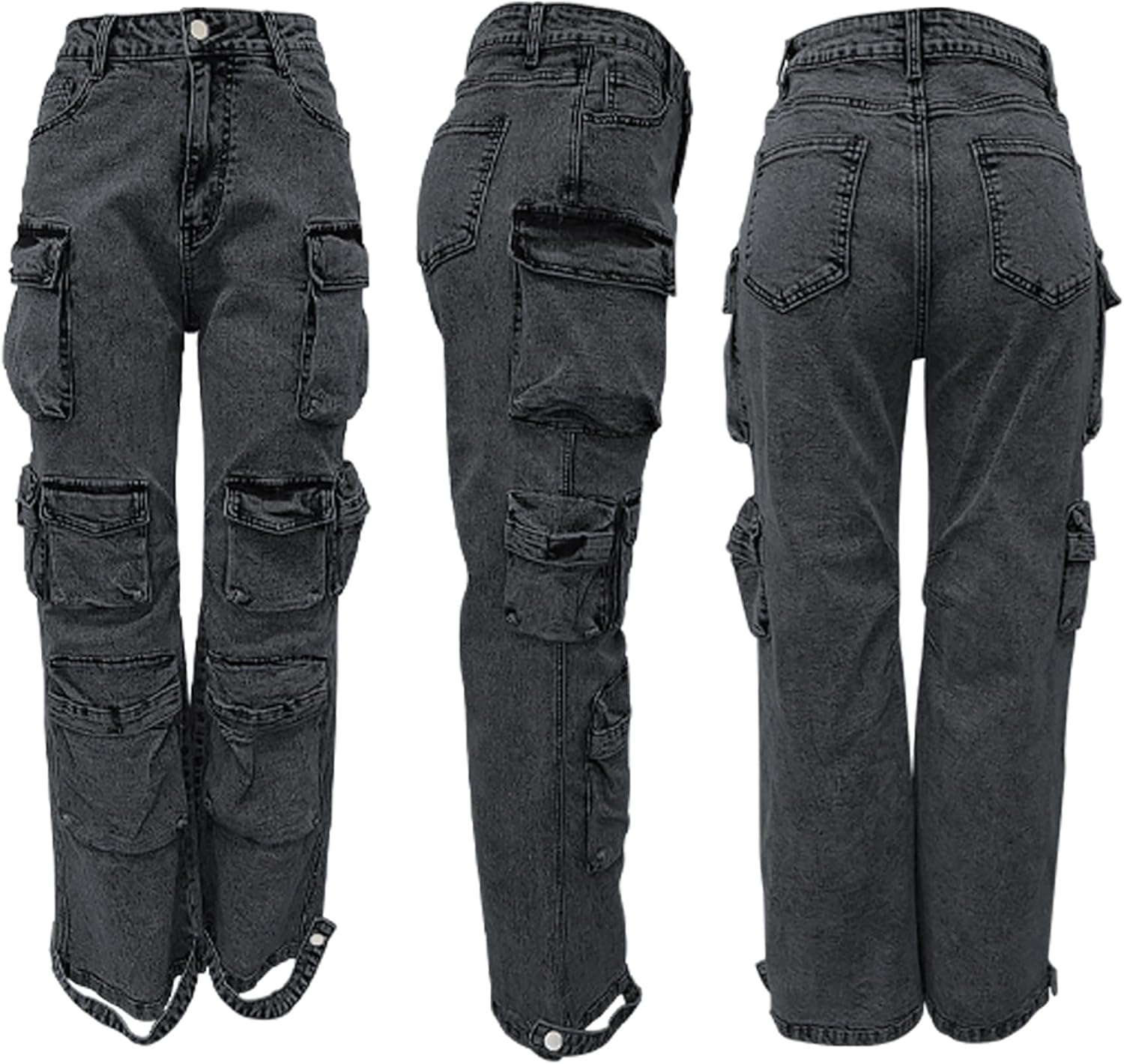 LKOUS Women’s Cargo Baggy Straight Jeans Streetwear Y2K High Waist Wide Leg Denim Pants with Multiple Pockets - Image 5
