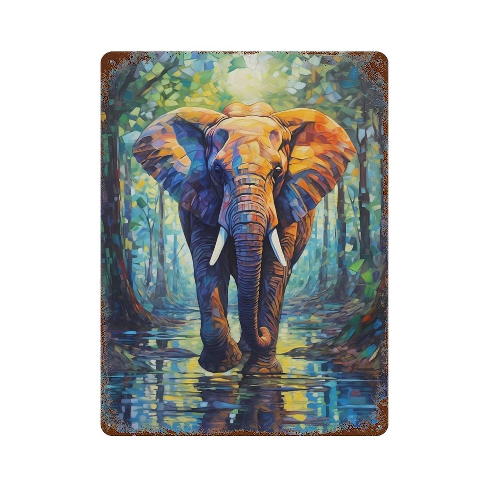 Elephant Colorful Rust Effect Tin Sign 15.7"x11.8", Ideal for Farmhouse, Kitchen And Entryway Decor