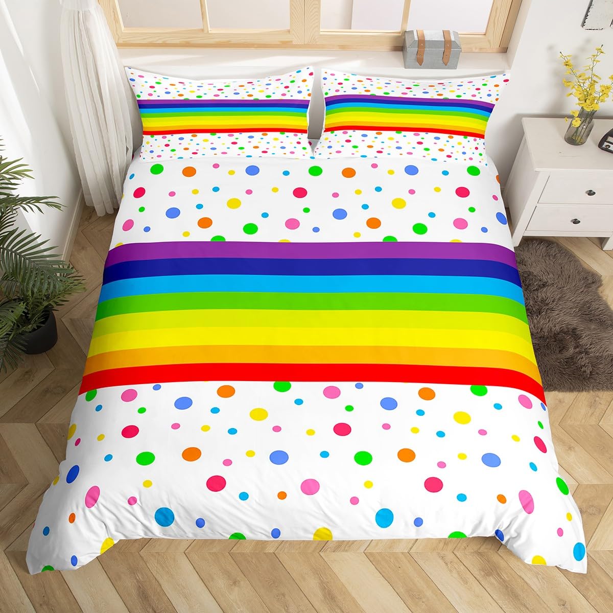 jejeloiu Rainbow Bedding Set Queen Size Polka Dots Comforter Cover Set for Kids Teens Adults Colorful Duvet Cover Multicolor Bedspread Cover Room Decorations 3Pcs with 2 Pillow Cases