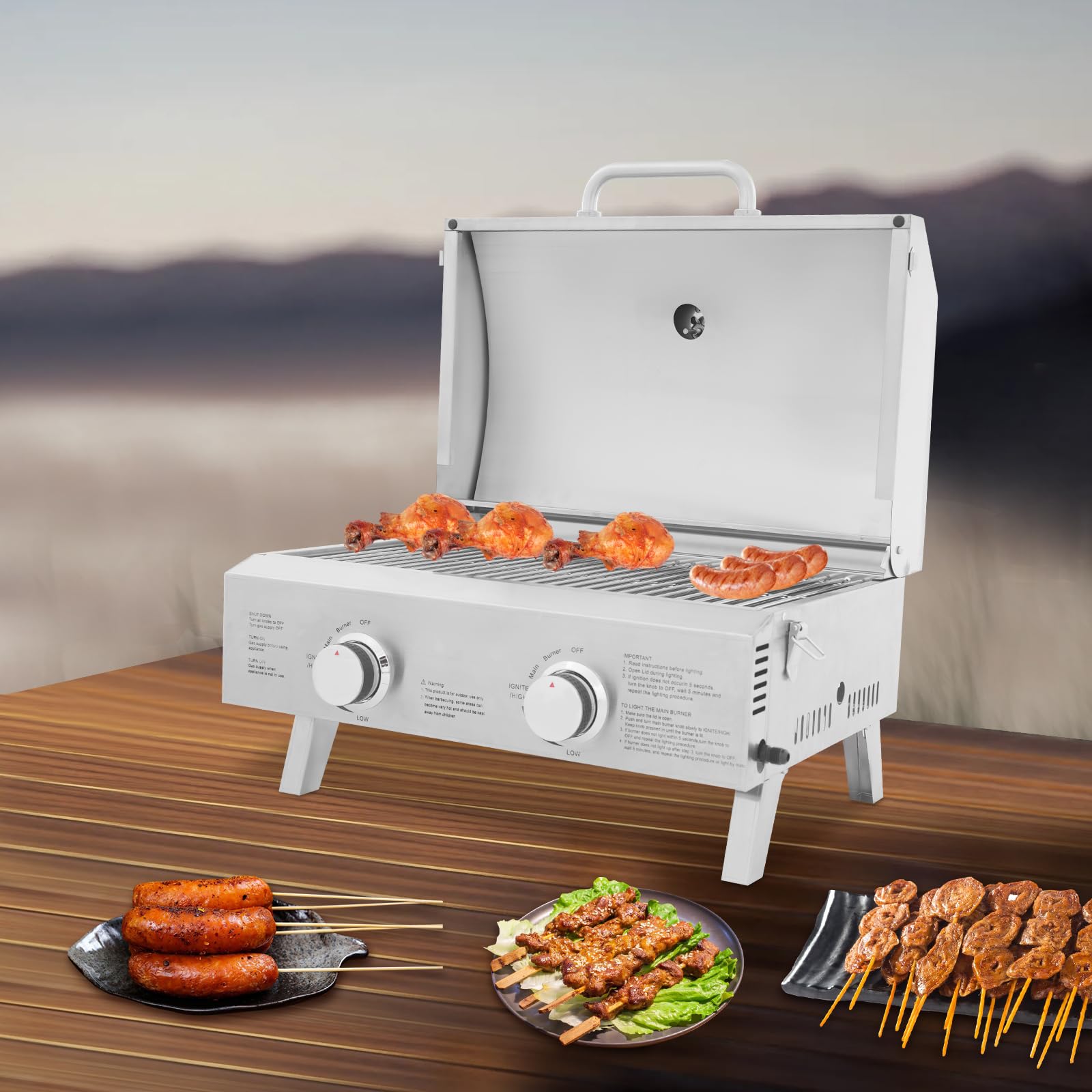 Barbecue à gaz portable à 2 brûleurs - Barbecue à gaz de table avec grille de cuisson - Barbecue à gaz en acier inoxydable - Barbecue de camping en plein air - Plaque de cuisson avec grille de cuisson