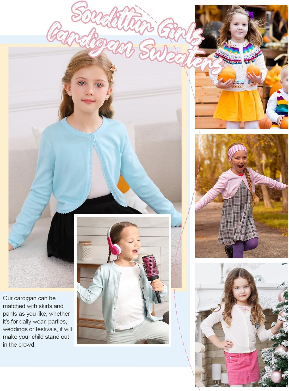 Soudittur Girls Cardigan Sweaters Cotton Long Sleeve Toddler Shrug Button Closure Knitted Dress Cover Up 3-12 Years - Image 5