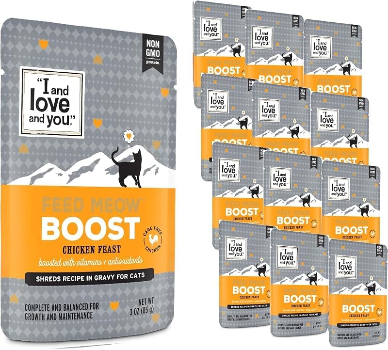 Ração úmida para gatos I AND LOVE AND YOU Feed Meow Boost com frango desfiado, sem grãos, pacote com 12 sachês de 85 g