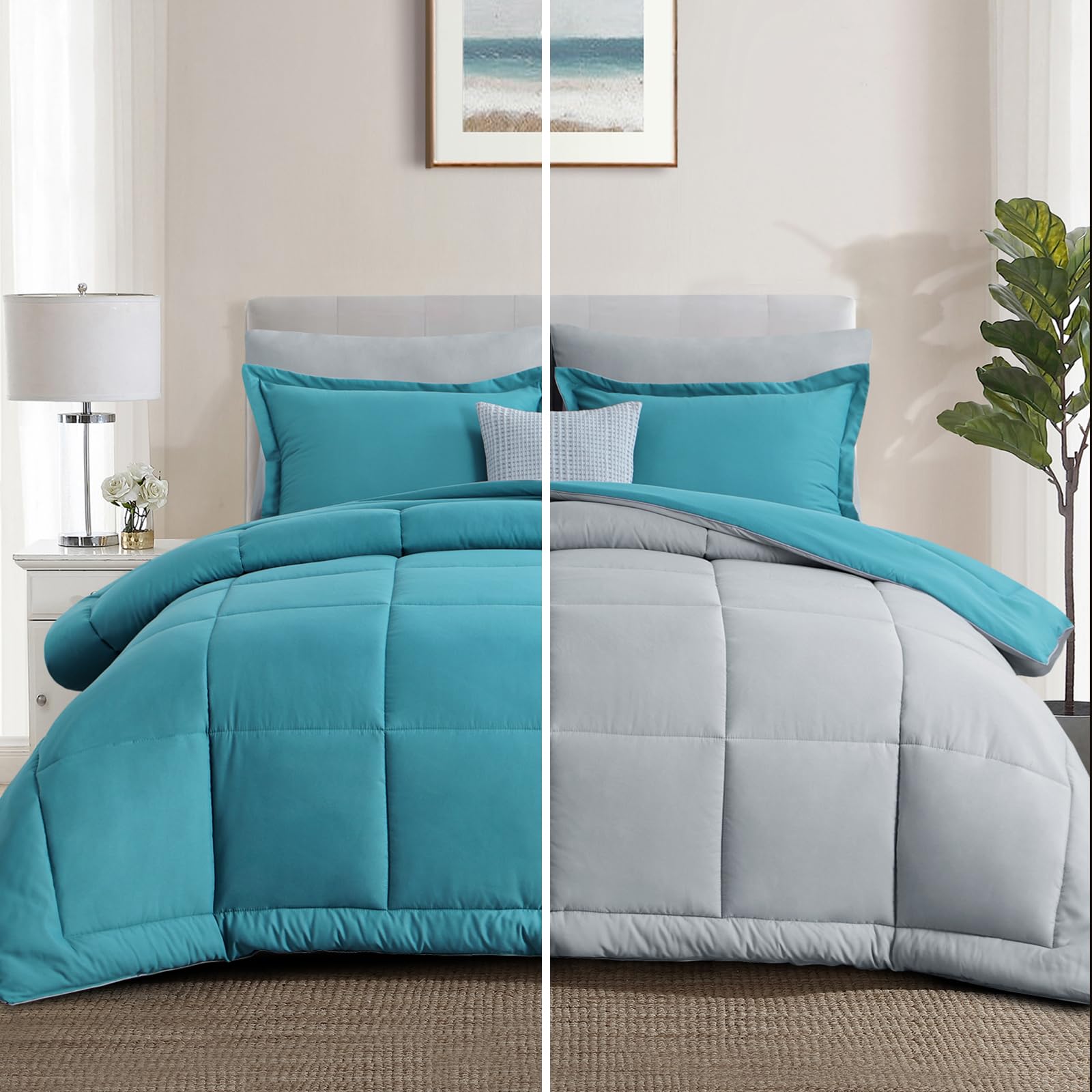 Aisbo Teal and Light Grey Comforter Set Queen - 3-Pieces Reversible Comforter Set Queen Size Soft and Lightweight, All Season Down Alternative Bed Comforter with 2 Pillow Shams