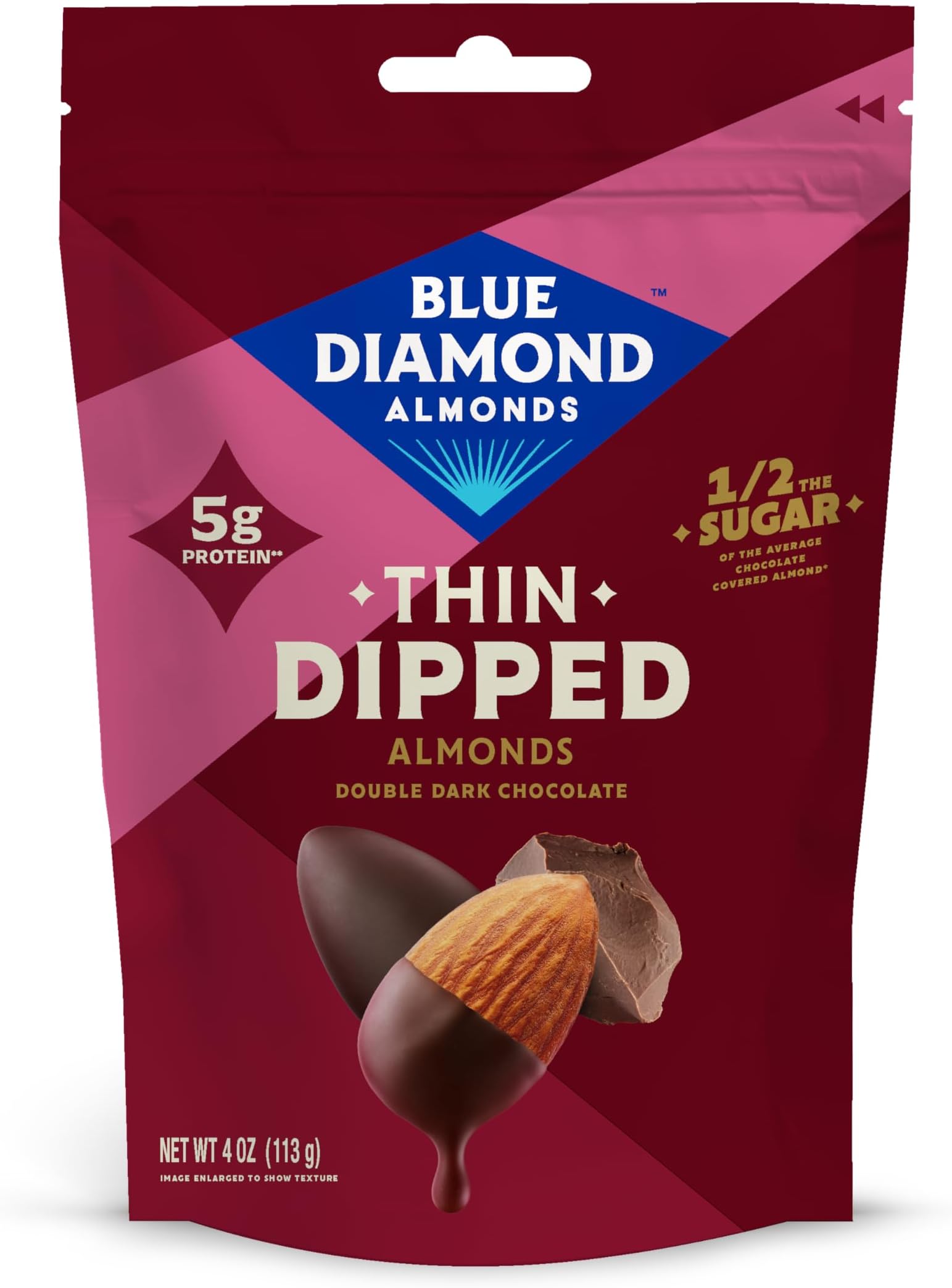 Blue Diamond Almonds, Dark Chocolate Covered Thin Dipped Snack Nuts for Guilt-Free Snacking with Half the Sugar, Perfect for Gathering, Holidays, or Craving a Sweet Treat, 4oz. Resealable Bag