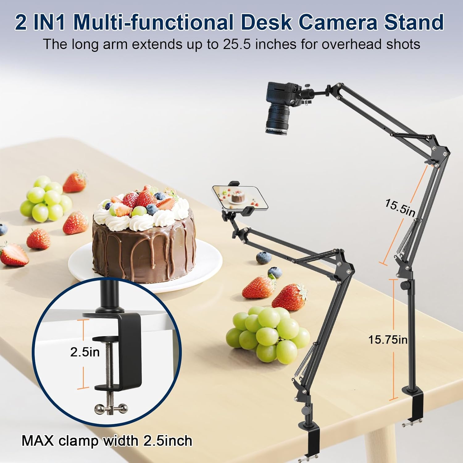 Overhead Camera Mount,Camera Desk Mount with 360° Adjustable Arm and Phone Holder,Max Load-Bearing 5lb,Desk Clamp Stand for Content Creation and Live Streaming,DSLR,Webcam,Mic,Ring Light
