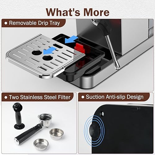 Miniatura 9 de KOIOS Máquina de café expreso con varita de vapor, cafetera compacta de 20 bares, máquinas de café expresso de acero inoxidable con tanque de agua