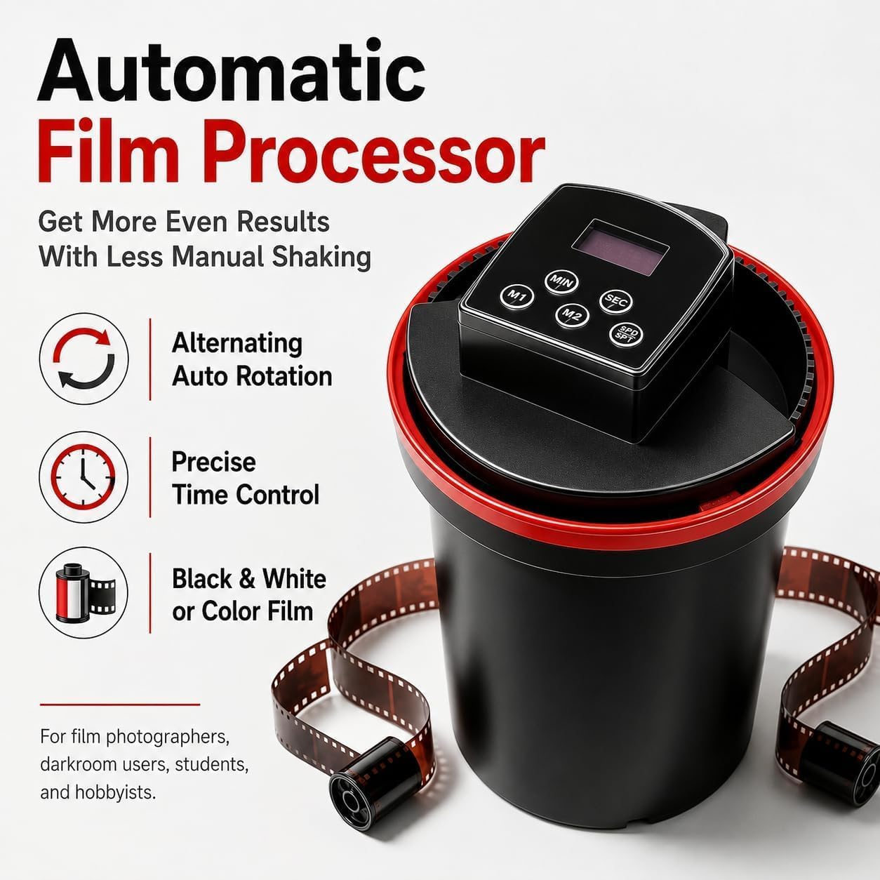 Kit per lo sviluppo di pellicole automatiche, 2 m e 3 velocità, accessorio per camera oscura per la lavorazione di pellicole in bianco e nero, strumento essenziale per gli appassionati di fotografia