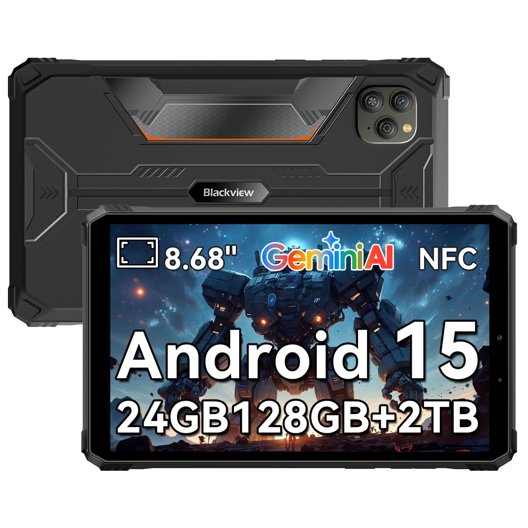 Blackview 9 inch Rugged Tablet, Android 15 Waterproof Tablet wirh Gemini AI, 24GB+128GB TF 2TB, 180Hz, IP68/IP69K, MIL-STD-810H Shockproof, 16MP+13MP,