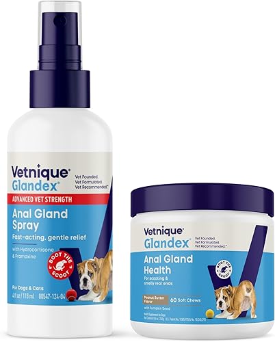Vetnique Glandex - Aerosol medicado para glándula anal para perros y gatos (4 onzas) y Glandex para masticar para soporte de glándula anal, paquete
