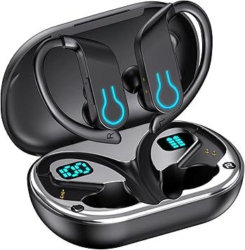 Paekole Auriculares Inalámbricos Deportivos con Gancho Bluetooth 5.3, IPX7 Impermeable, 120H Reproducción LED, 4 Micrófonos ENC Cancelación de Ruido
