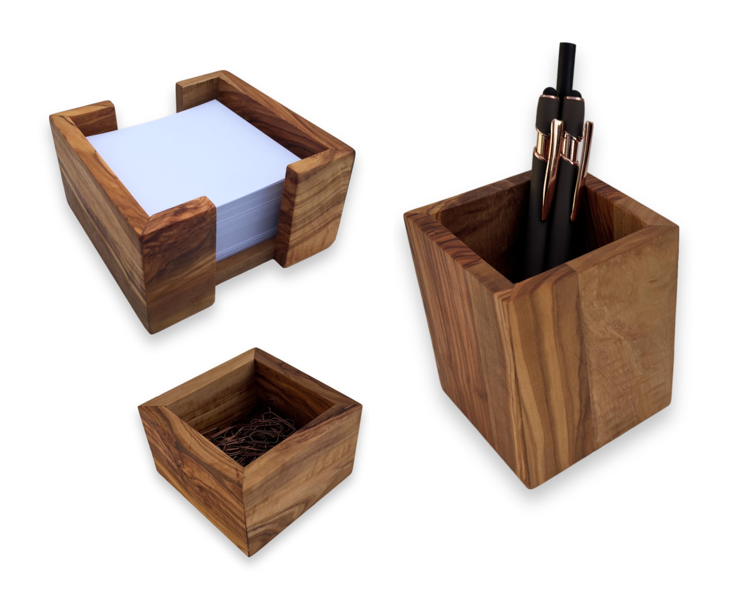 Zettelbox Notitzpapier Halter für 9x9cm Zettel + Stifthalter Becher + Büroklammernhalter squaremood eckig handgefertigt aus Olivenholz, Geschenkidee.
