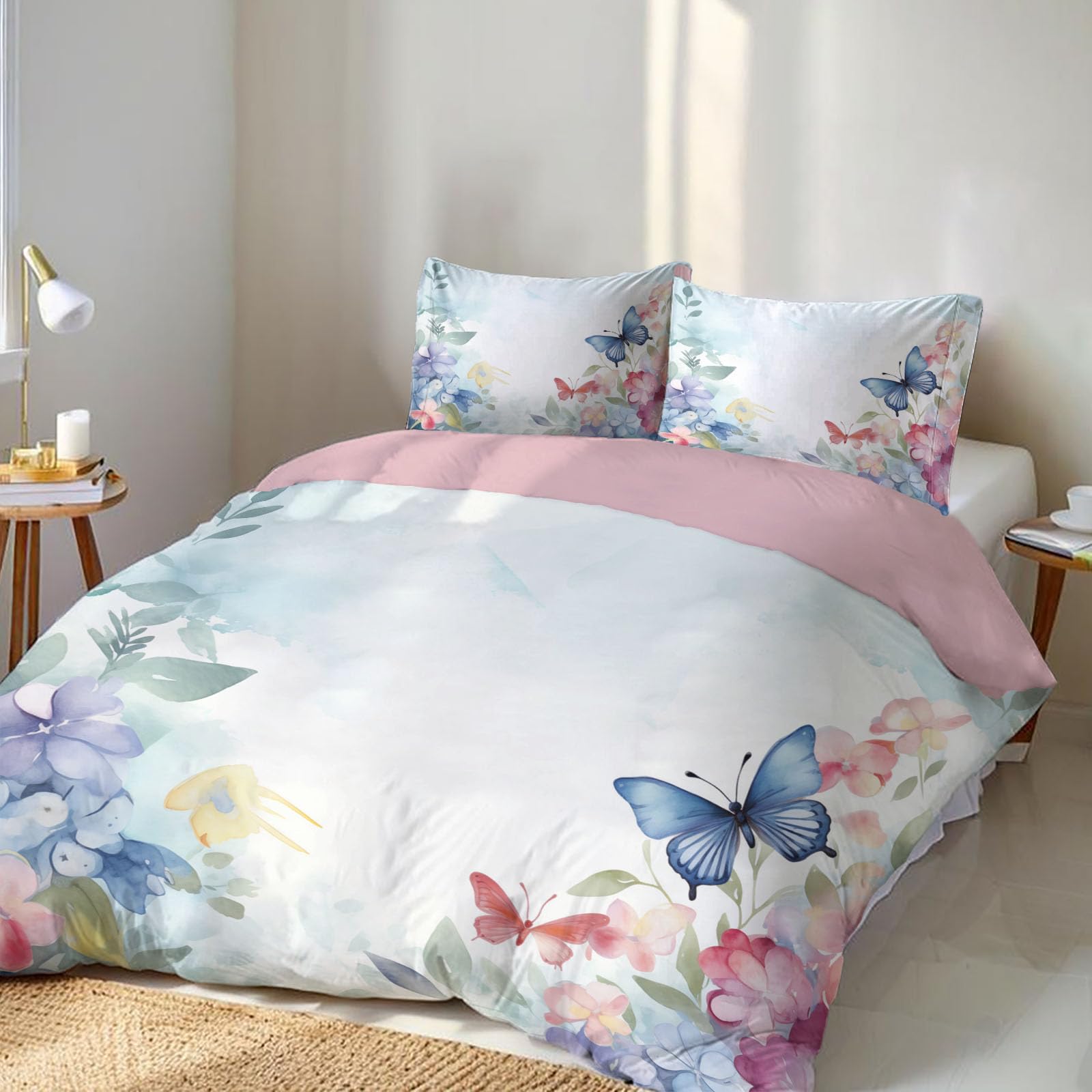 Housse de couette 240x260 fleurs aquarelle en microfibre avec 2 taies d'oreiller
