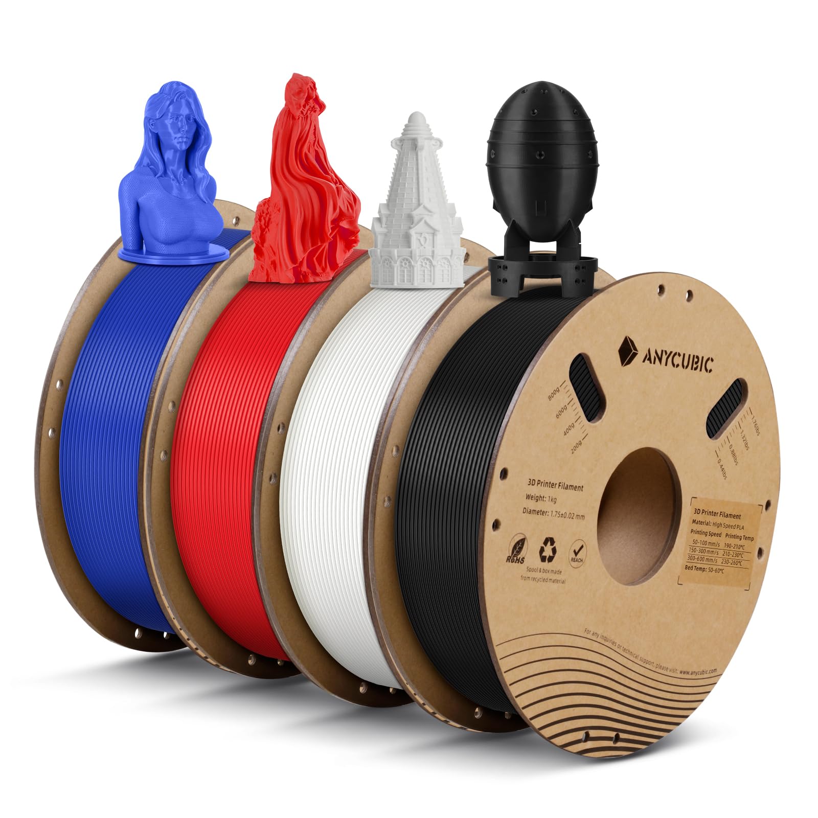 ANYCUBIC Filamento PLA ad alta velocità 1,75 mm, filamento per stampante 3D, 4 kg, nero+bianco+blu+rosso