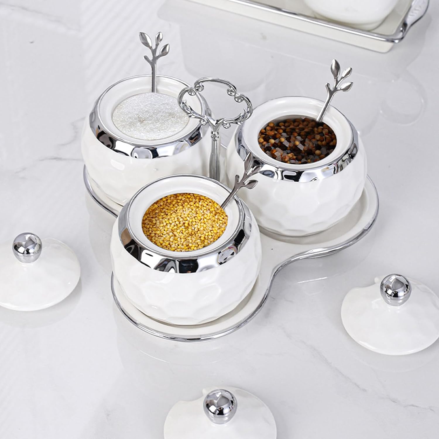 Set of 3 Porcelain Condiment Pot Sugar Bowl with Lid, Spoon and Tray, Modern Ceramic Seasoning Jars Salt Container for Home Kitchen, Restaurant, Coffee Bar (White)