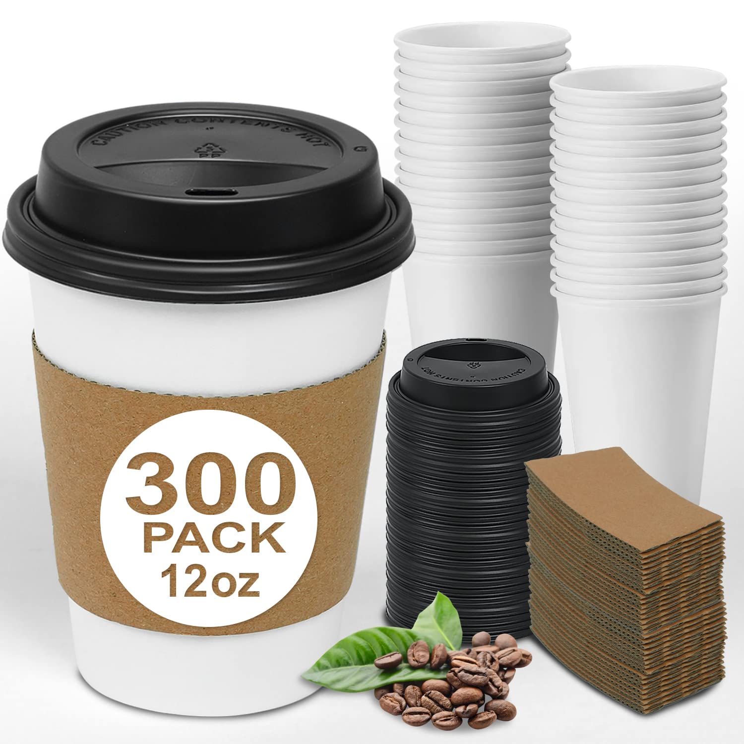 Ginkgo Lot de 300 Gobelets Jetables Tasses à Café en Papier Épais de 355 ml avec Couvercles et Manches, pour la Maison, le Bureau, les Mariages et les Cafés