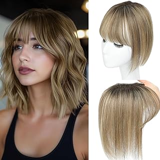 SARO-UP Hair Toppers for Women Real Human Hair Toppers for Women with Thinning Hair Pieces with Bangs Top Handmade Swiss Base HairPieces 10Inch (Medium Brown to Medium Brown and Honey Blonde Mix)