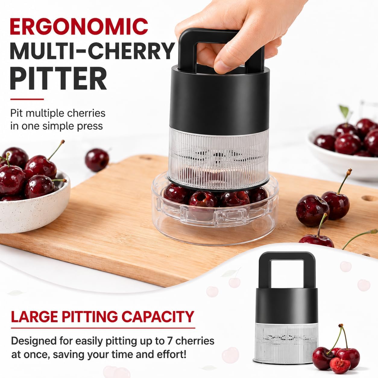 7-in-1 Upgraded Cherry Pitter Tool, 1.5 Inch Oversized Cherry Shaped Slot Seed Remover, Dishwasher Safe for Homemade Jam, (Black)