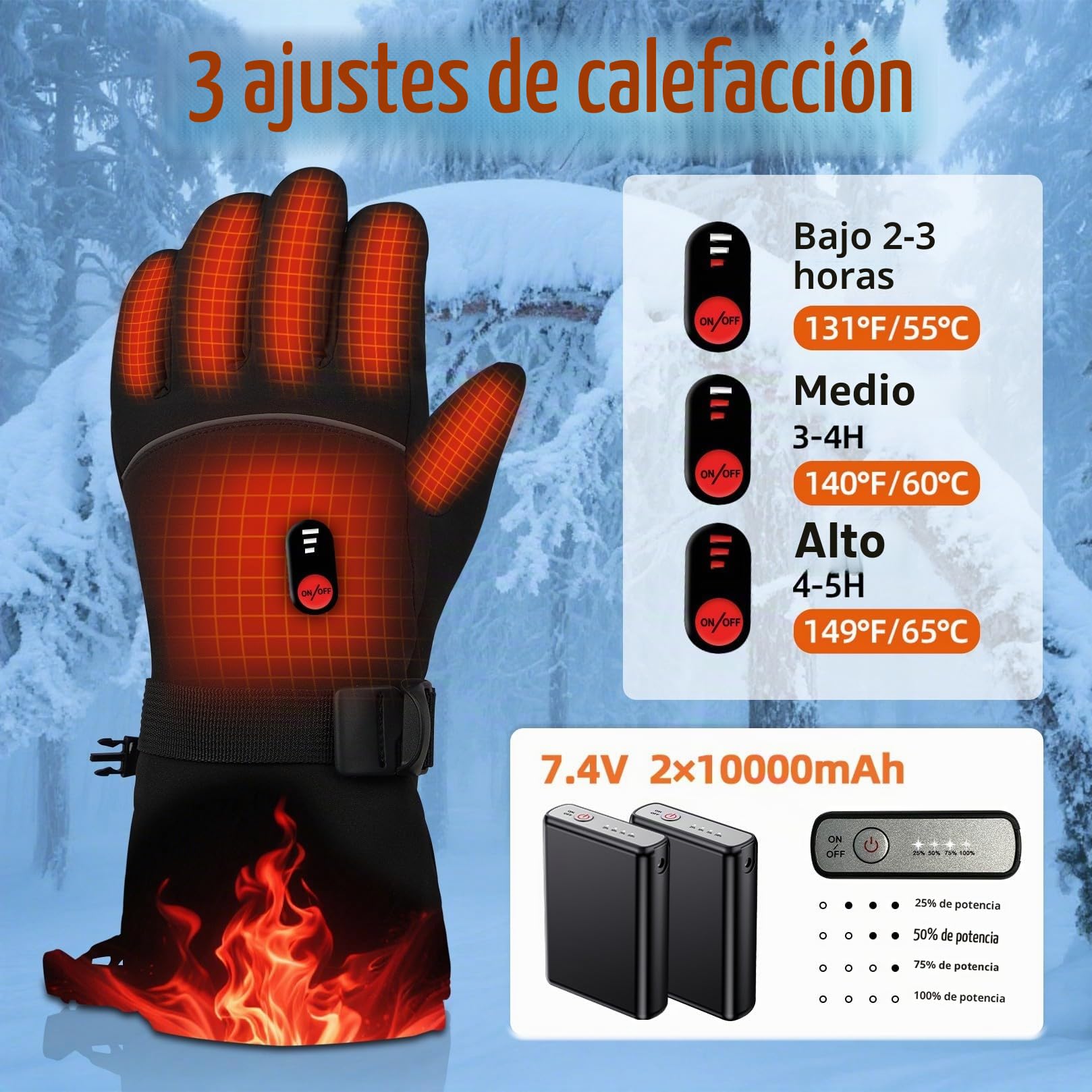 Guantes Calefactables para Mujer Hombre Moto 7.4V Calentamiento Rápido 2 Baterías 10000mAh 3 Niveles de Calentamiento Pantalla Táctil Esquí
