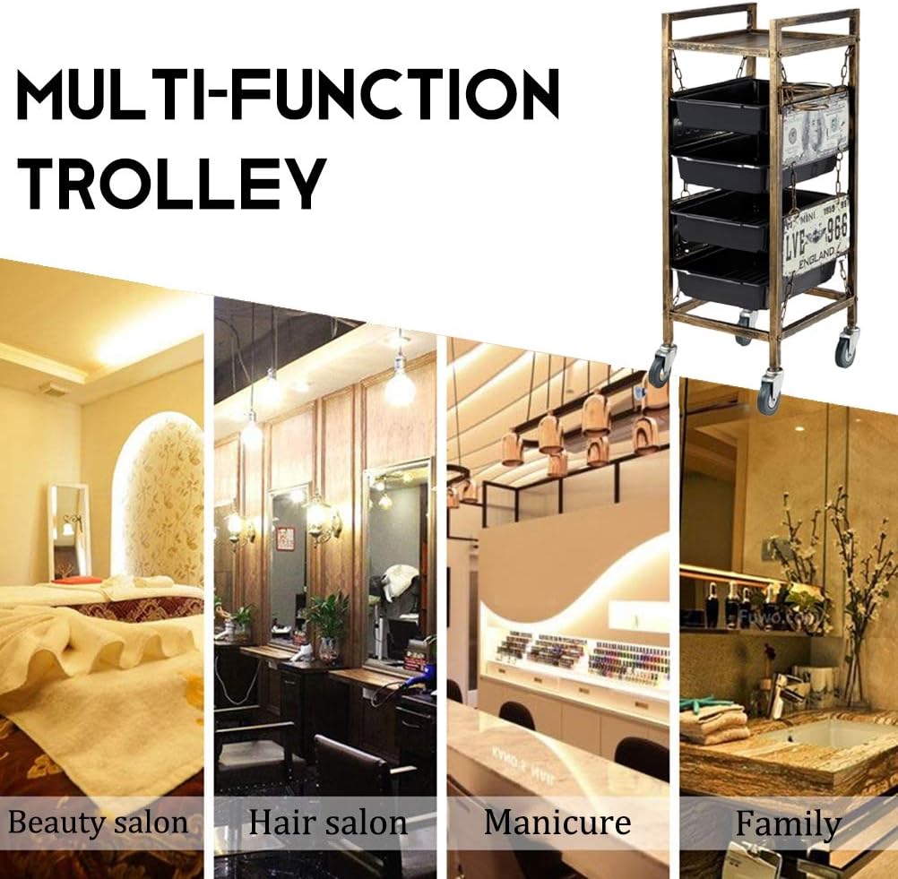 Salon Trolley Retro with 4 Pullout Drawers Hairdresser Barber Beauty Storage Roller Cart for SPA Nail Art