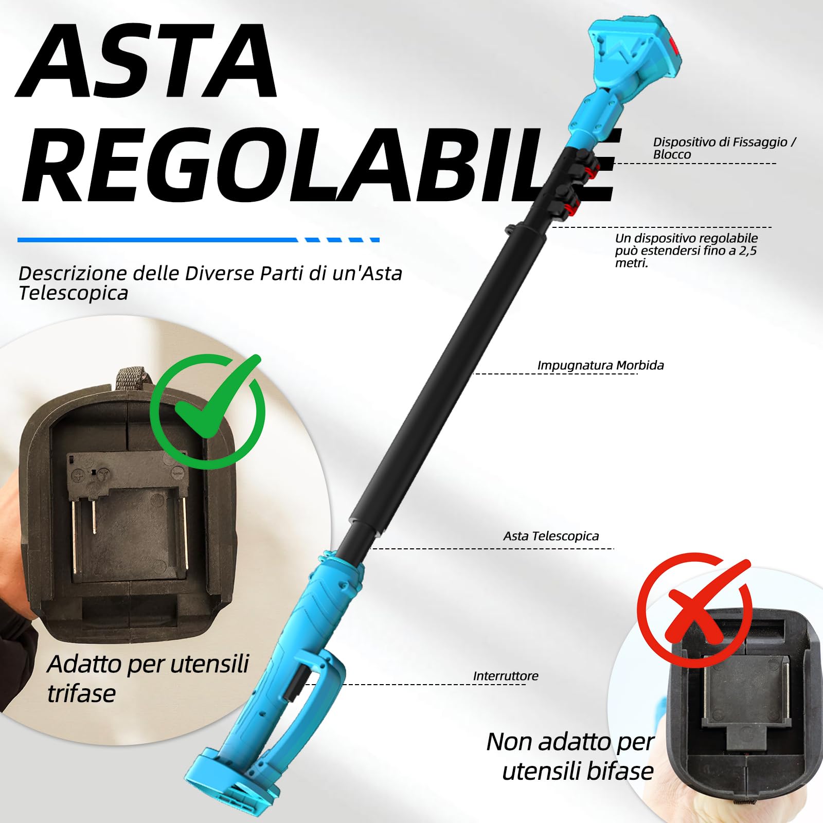 Asta telescopica per cesoie elettriche e seghe a batteria – 1,2–2,5 m estensibile, testa regolabile a 90°, altezza di lavoro fino a 4,6 m, compatibile con Makita 18V