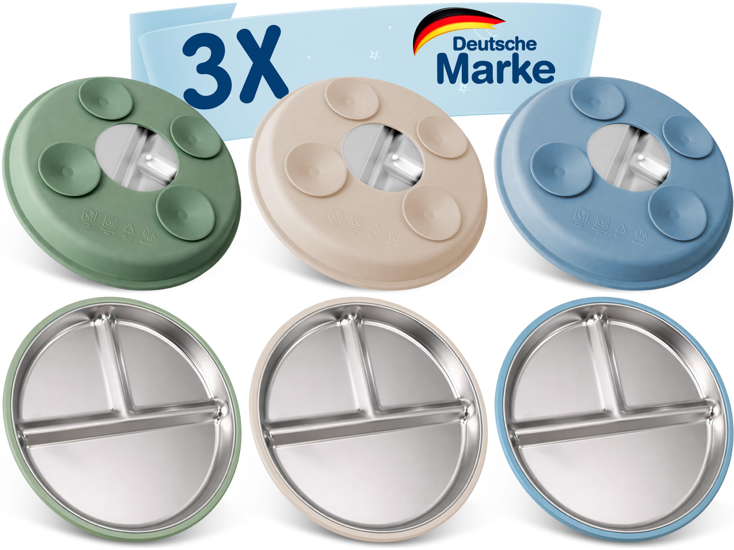 Mutkind® 3x Baby Teller mit Saugnapf - (Extra Starker Halt) Edelstahl Kinderteller - Spülmaschinengeeignet - Rutschfester Babyteller mit Saugnapf - Beikost Baby Zubehör - Hochwertiges Kindergeschirr