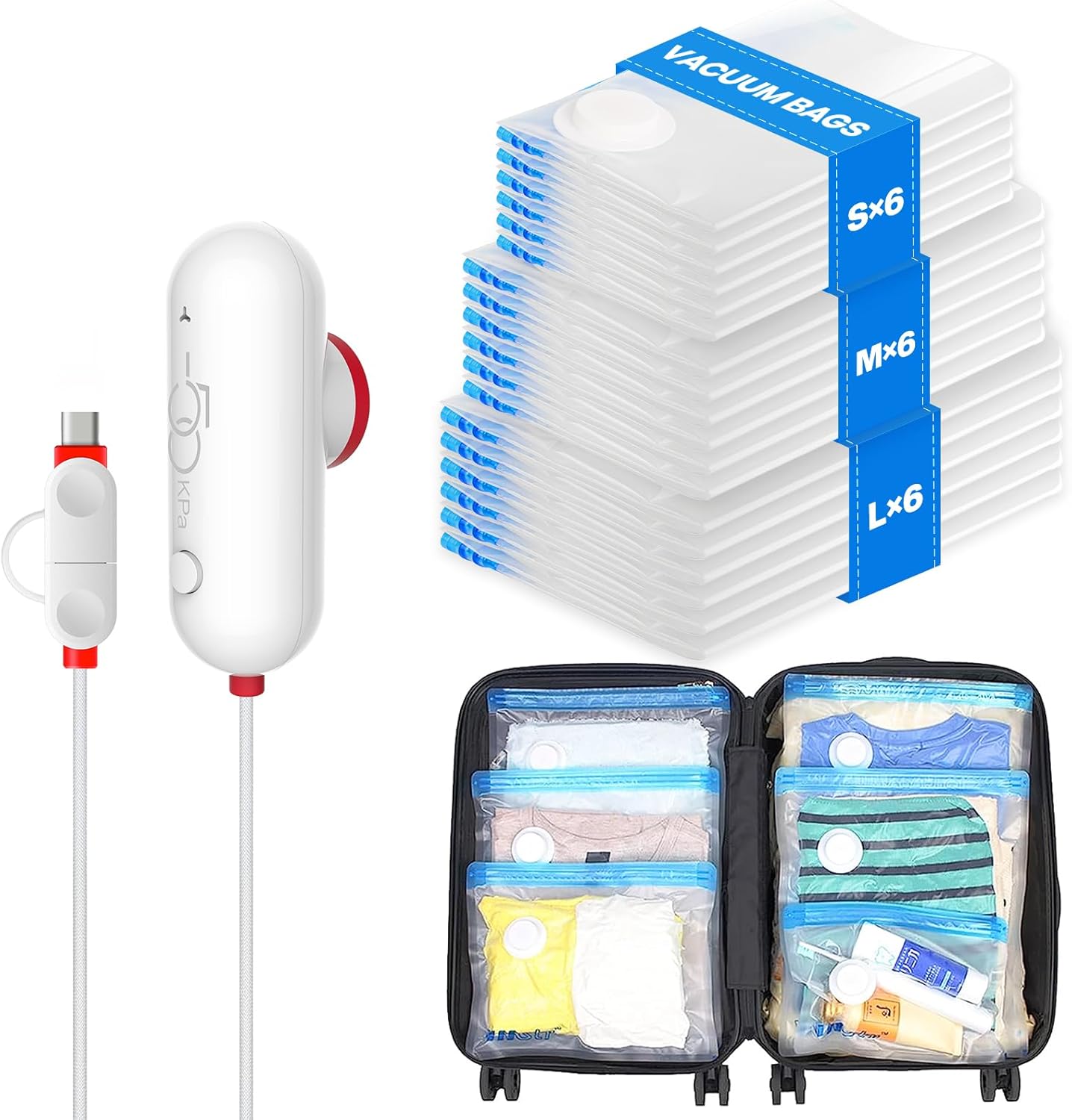 VMstr 18 Pack Vacuum Storage Bags with USB Pump, Vacuum Seal Bags for Clothing Travel, Carry-on Size Space Saver for Clothes and Clothing 18 Combo + USB Pump