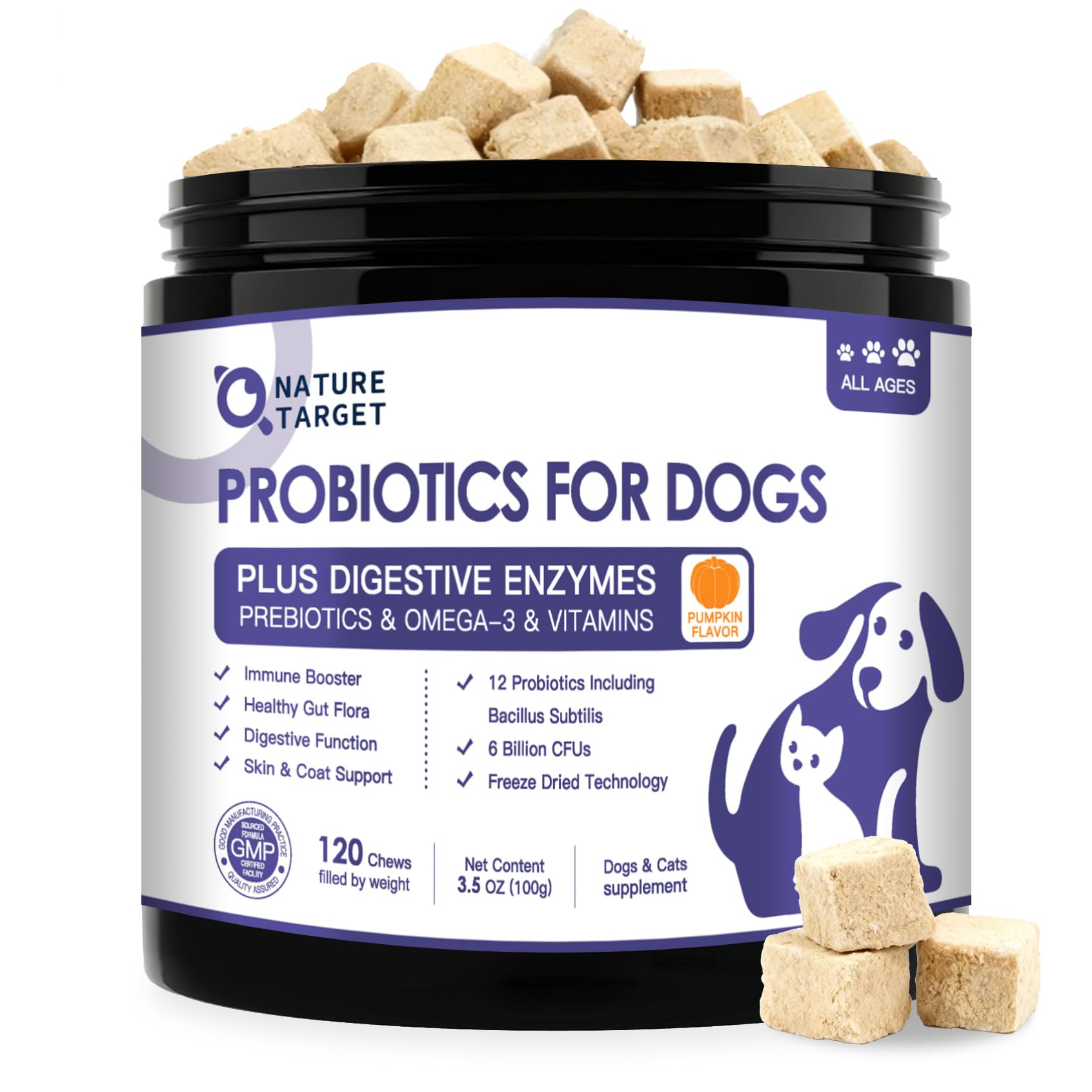 NATURE TARGET Probiotics for Dogs, 6 Billion Dog Probiotics with Prebiotics & Enzymes for Digestive & Gut Health, Pumpkin, Omega-3 & Multivitamins for Itchy Skin, Allergies, 120 Dogs Probiotics Chews