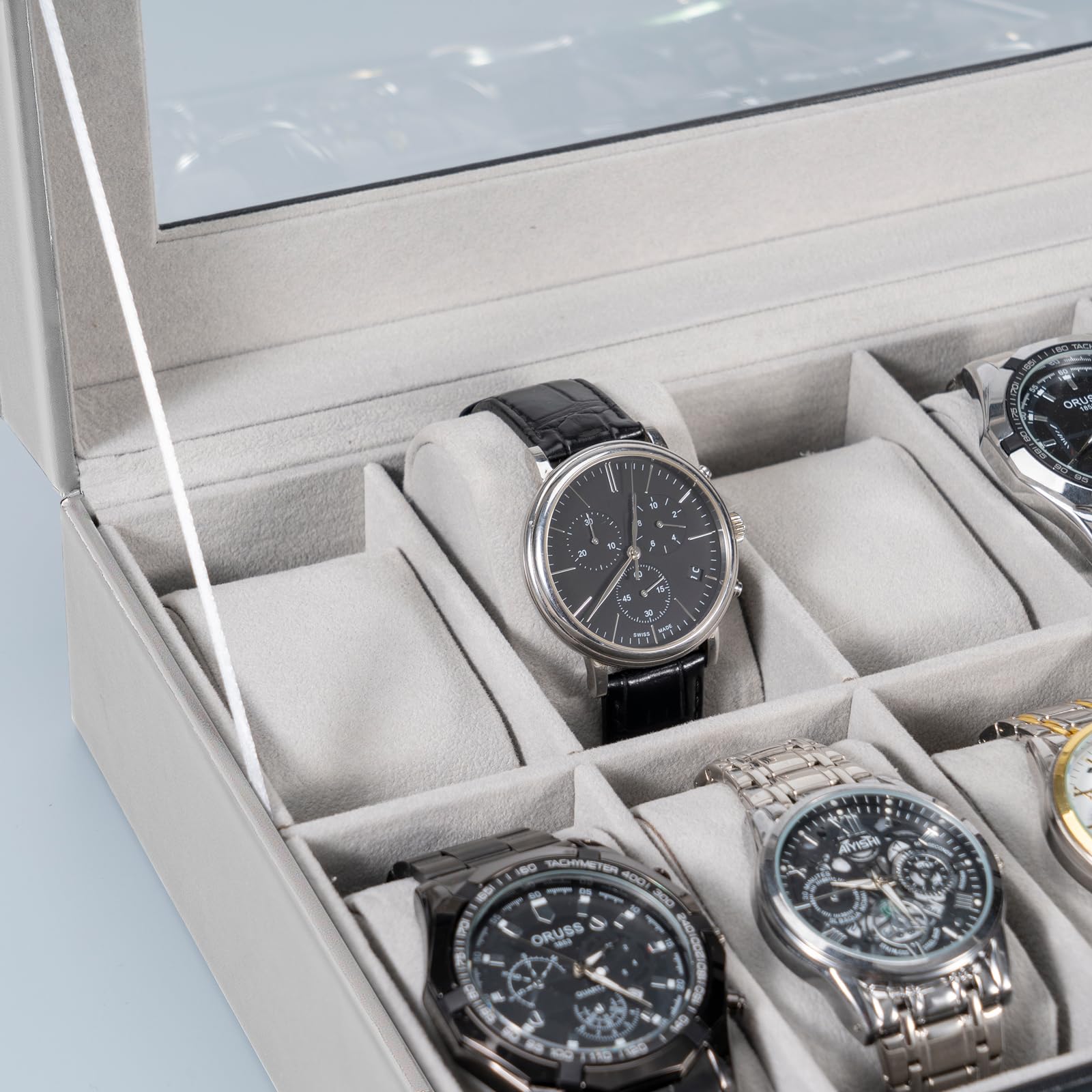 Scatola Organizzatore per Orologi da Uomo, Vetrina per Orologi con 12 Scomparti e Coperchio in Vetro, Custodia per Orologi da Uomo in Pelle PU, Organizzatore per Orologi da Uomo e Donna - 12
