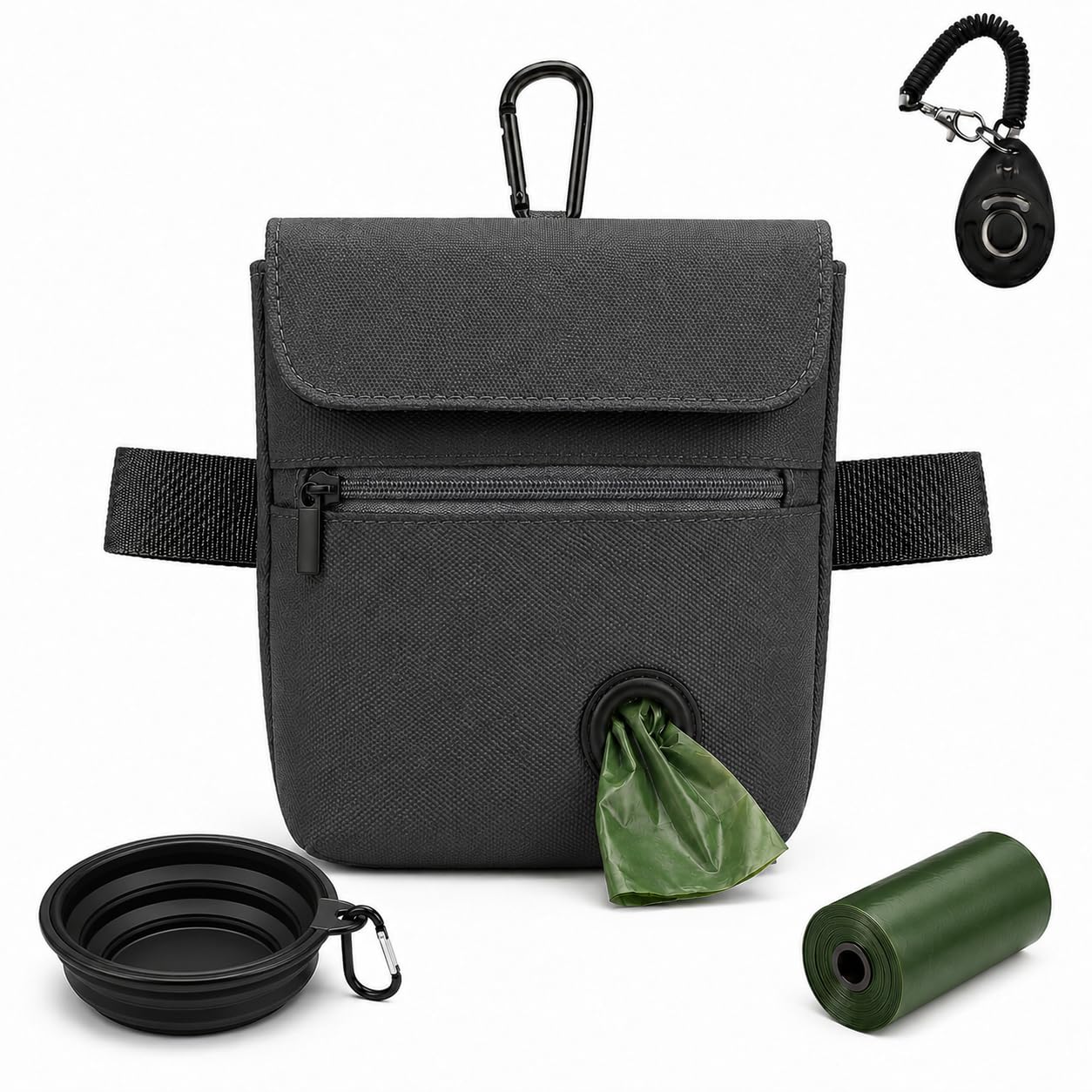 Dog Treat Pouch, 3 Cup Dog Training Treat Bag with Magnetic Closure, Poo Bag Dispenser, Training Clicker, 350ml Collapsible Bowl, Waist Belt, Water Resistant Dog Walking Bag for Puppy Training, Grey